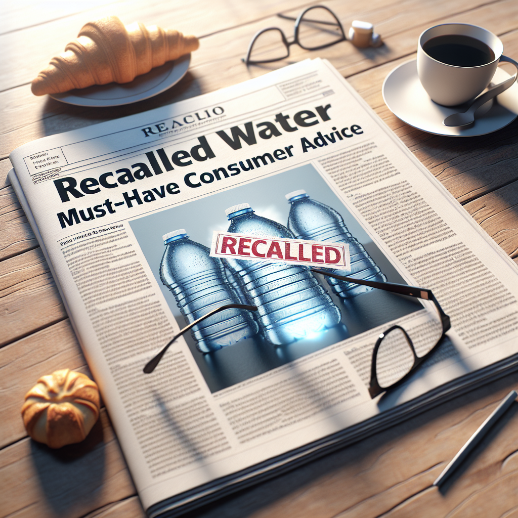 Create an image of a high-resolution photorealistic scene related to a consumer advisory situation. Visualize an open newspaper with a prominent headline saying 'Recalled Water Warning: Must-Have Consumer Advice'. The newspaper lay on a wooden table surrounded by a pair of reading glasses, a cup of coffee, and perhaps a half-eaten breakfast croissant. The article itself should feature a graphic image of a water bottle with a clear 'recalled' stamp over it. Use soft, morning light filtering from a nearby window to highlight the urgent nature of the content.