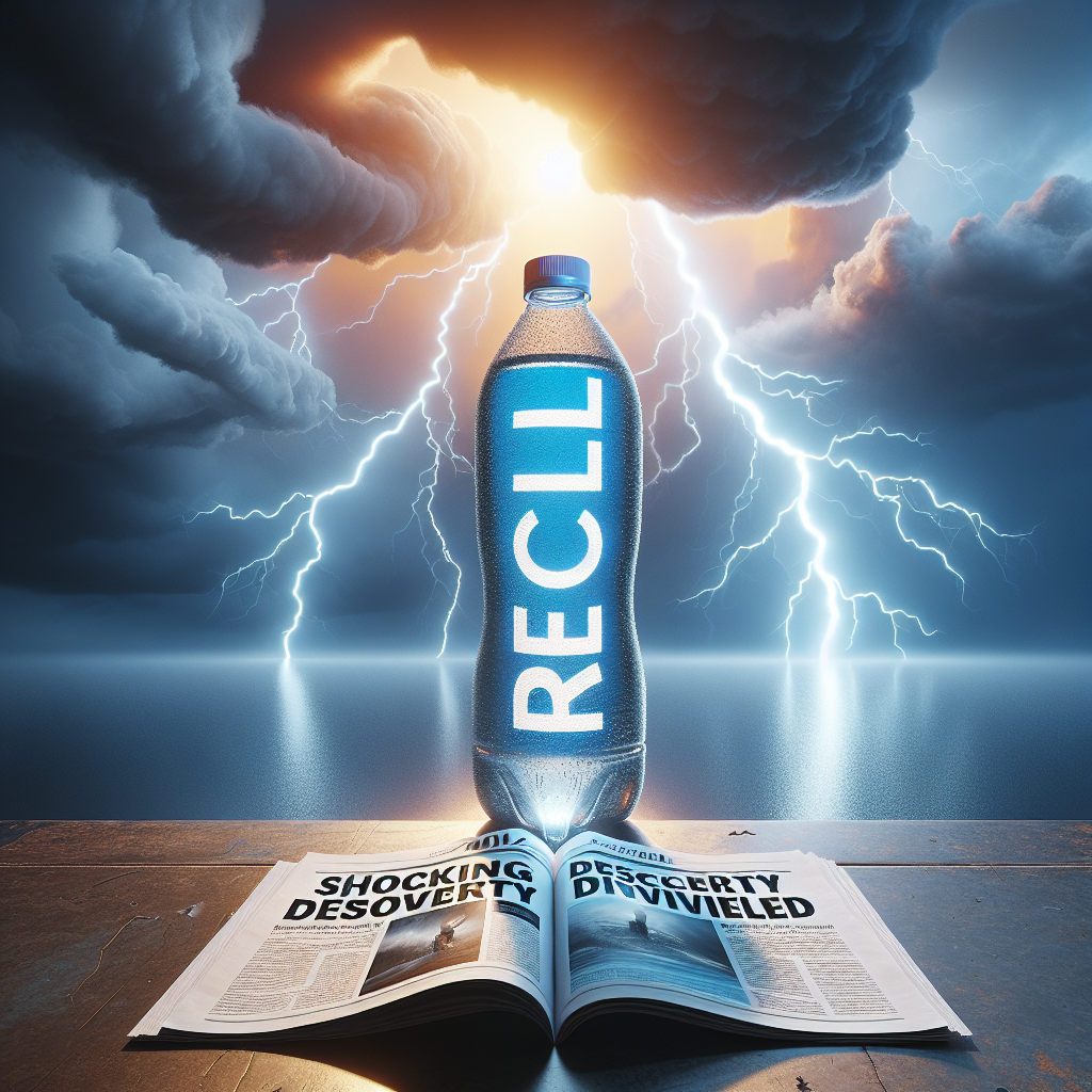 A photorealistic image representing the recent 2021 bottled water recall. The scene captures a water bottle with a large 'Recall' banner wrapped around it, dramatic lightning splitting the sky behind it, having the year '2021' embossed in 3D against the backdrop of thunderous sky. In the foreground, a newspaper opens to an article headlined 'Shocking Discovery Unveiled' that highlights the gravity of this event.