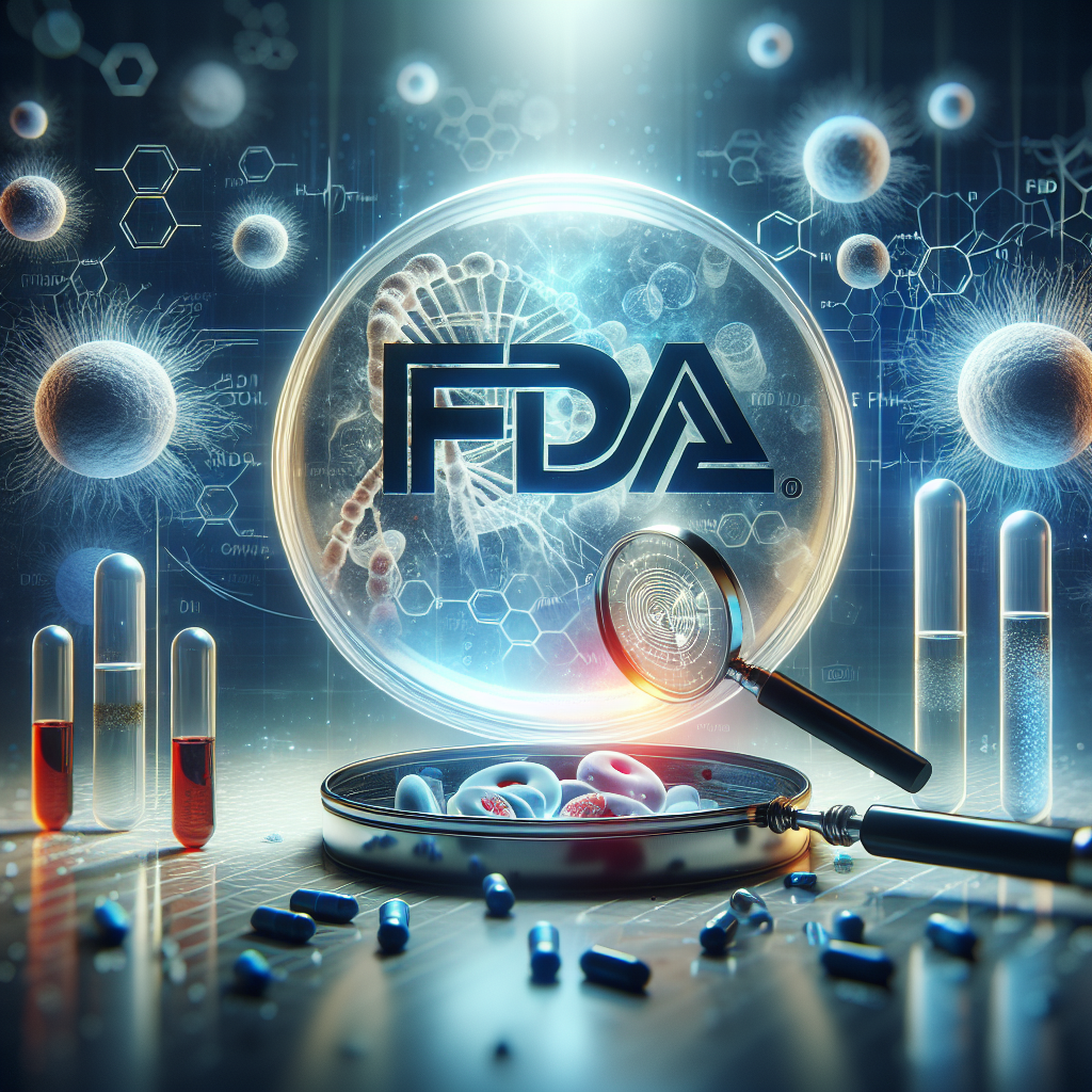 A dramatic, high-quality, photorealistic image representing the concept of an FDA investigation into treatments for ALS. The image should have symbols that represent medical research and authority, like a magnifying glass scrutinizing a Petri dish with cells or medicine capsules, with the FDA logo subtly included. Convey a sense of revelation and keen examination. The main color scheme should be blues and whites, to depict a clinical, scientific environment.