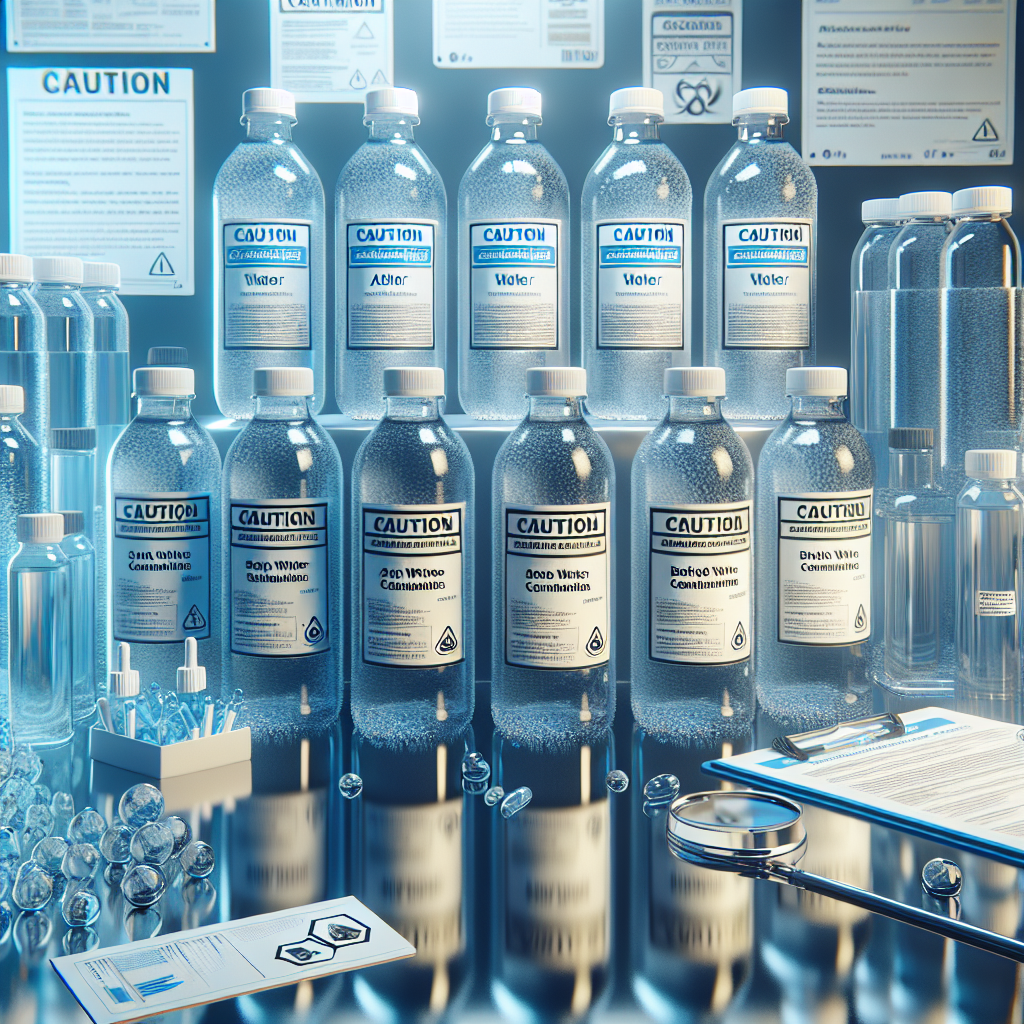 An informative and photorealistic image that portrays bottled water safety. Imagine a scene with clean, transparent water bottles neatly arranged on a glossy surface, reflecting the surrounding light. Some of the bottles have paper labels over them, carrying caution symbols or messages advocating for safe water consumption. Next to these, display related objects, such as a water testing kit, a close-up of a scientific report about ALS contaminants, and perhaps a small model of a microscopic view of contaminants. The overall tone should be scientific, bright, and high-quality, emphasizing the importance of clean, safe drinking water.