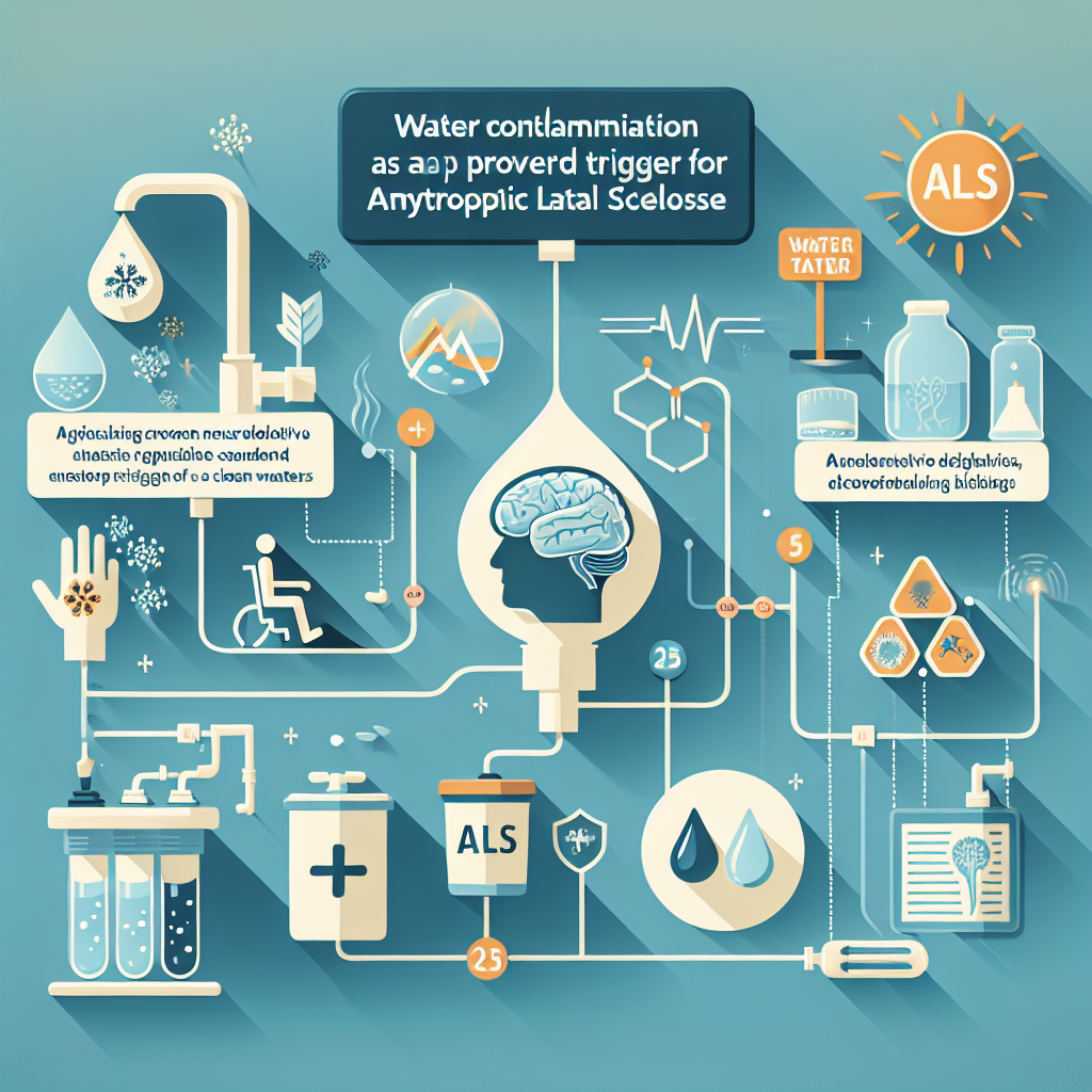 Create an image resembling an infographic displaying strategies for dealing with water contamination as a proven trigger for Amyotrophic Lateral Sclerosis (ALS). Use natural lighting and soft shadows. There should be visuals demonstrating water pollution, the ALS neurodegenerative condition represented abstractly, and different protective measures such as a water purification system, signs of clean water, and healthy lifestyle habits.