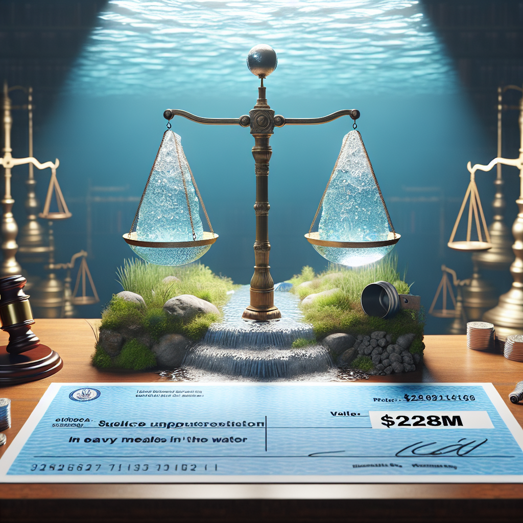 Create a high-resolution, photorealistic image that depicts a victory in a legal case focused on heavy metals in water. The image should have a metaphorical representation, such as a set of scales signifying justice tipping in favour of victims. The backdrop should portray clean water flowing from a tap, signifying the victory. The overall atmosphere should convey a sense of justice served, with natural lighting casting soft shadows on the elements of the image. In the foreground, include a symbolic representation of the monetary win such as a cheque with a value of $228M written on it.