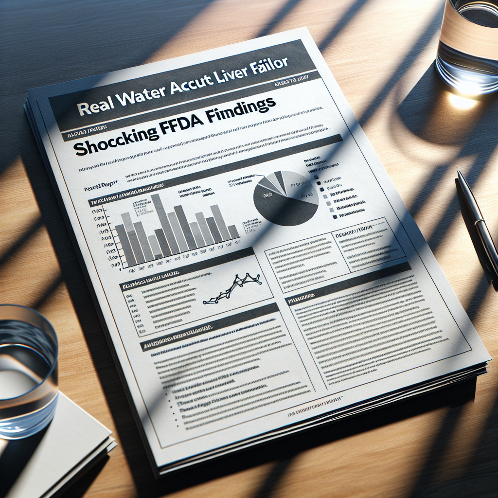 Create a photorealistic image that portrays an official report with the title 'Real Water Acute Liver Failure: Shocking FDA Findings'. The report appears on a wooden desk, illuminated by soft natural light casting gentle shadows. Include various analytical elements such as pie charts, bar graphs, and text snippets within the report to indicate the serious nature of the findings.