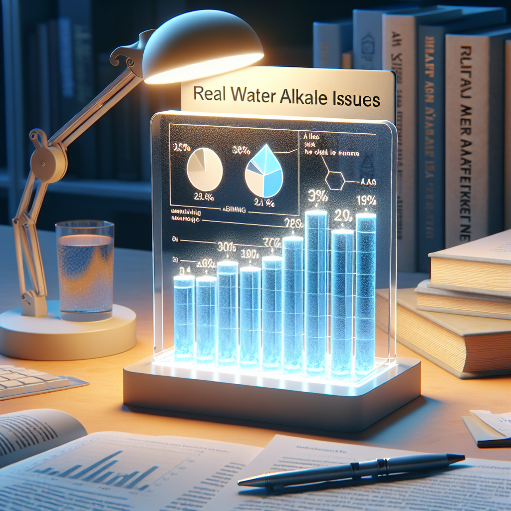 Create a high-quality, photorealistic image using natural lighting and soft shadows that visualizes the topic of 'Real Water Alkaline Issues'. It should include figures showcasing stunning insight into the ALS Risk associated with these issues. The figures could be bar graphs or pie charts. The setting should be a researcher's desk with books and research papers scattered around. Make sure to add a well-lit desktop lamp illuminating these figures and papers.