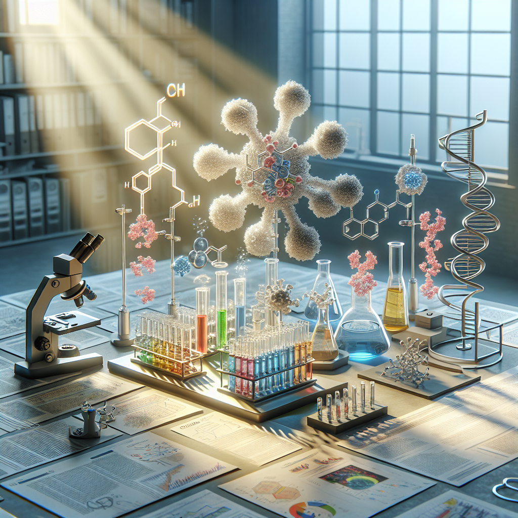 A groundbreaking depiction of ALS research breakthrough, showcasing stunning insights on SO2 pollutants. The image should be photorealistic with the usage of natural lighting and soft shadows. The scene should feature an intricate layout of research papers, lab equipment like microscope, test tubes with color indicators signifying SO2 pollutants, etc. A 3D model of the ALS protein structure could be standing prominently amidst this setup. A backdrop of soft sunlight streaming through the lab window infusing the entire scene with a glow, creating a serene aura of hope in the advancement of scientific research.