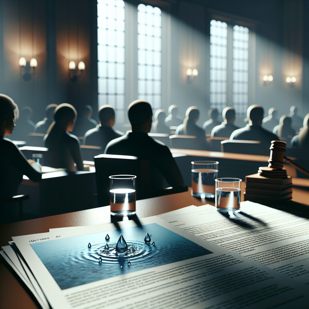 Generate a detailed, photorealistic image that conveys the seriousness of real water lawsuits. The visualization should incorporate elements such as a courtroom scene, noticeable but subtle signs of distress on family members to signify their heartbreaking impact. This should also have elements associated with water, such as documents with water droplet motifs. The atmosphere should have natural lighting, adding a realism to the image, and soft shadows that create a somber mood, add to the atmosphere of the scene.