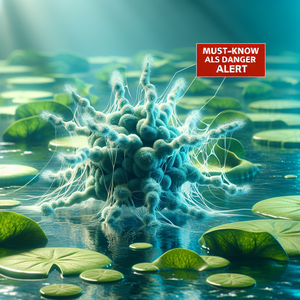 Create a detailed image of blue-green algae in a natural aquatic setting, featuring bright, clear natural lighting that casts soft shadows. Include a bold, eye-catching banner near the top of the image which declares 'Must-Know ALS Danger Alert'. The overall image should have a scientific, informative feel to it, highlighting not only the beauty of the microorganism, but also the potential dangers associated with it.
