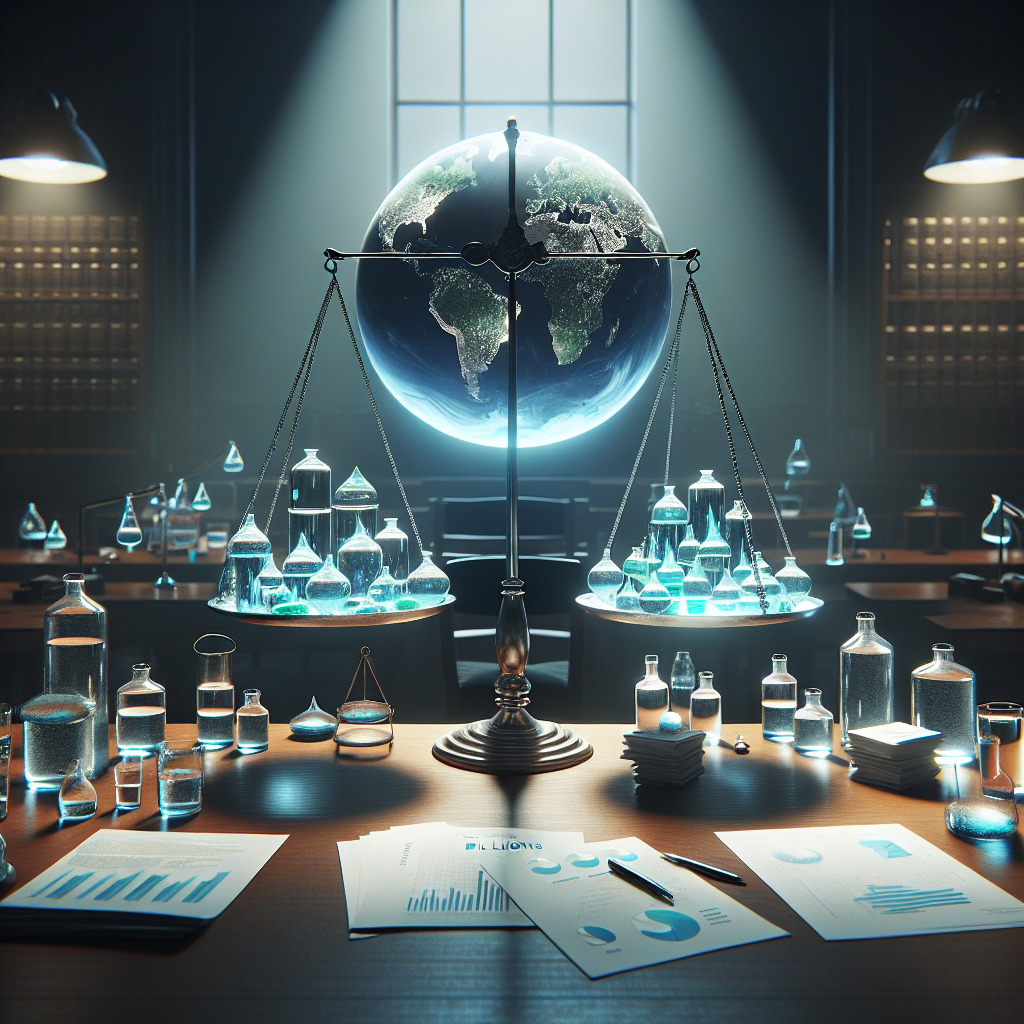 A conceptual artwork illustrating the concept of 'Real Water Judgments'. Visualize an elaborate scale balanced delicately on a table in a court-like setting with various amounts of water in different containers on each side. There are numerous documents, graphs and charts laid out on the table, complicating the scene. A glowing planet earth is visible in the background symbolizing 'Billions'. The light from a nearby window creates soft shadows, adding to the dramatic and mystifying atmosphere. Try and capture a photorealistic style with natural lighting.