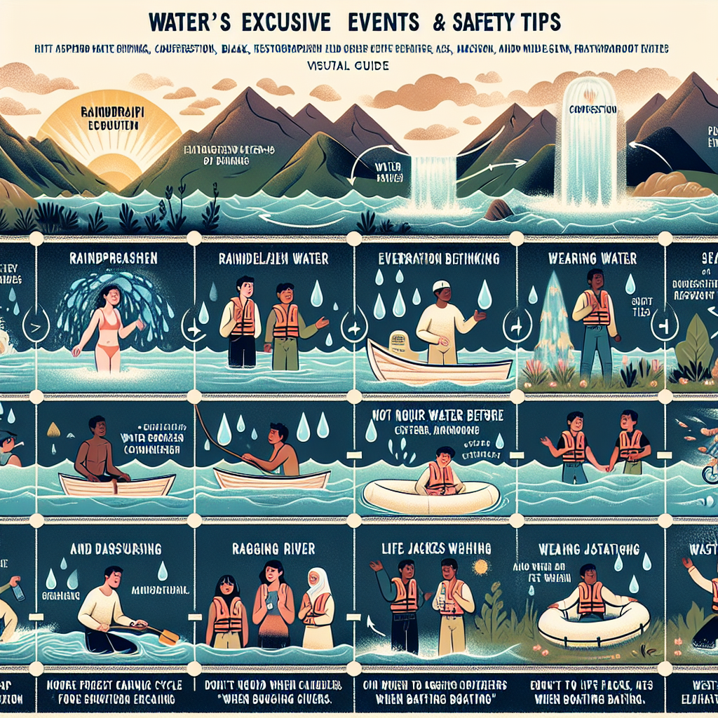 Visual guide of a timeline detailing 'Water's Exclusive Events & Safety Tips'. The timeline begins with the naturally occurring processes of the water cycle, events such as rainfall, evaporation, condensation, and transpiration. The middle section should represent water-related safety tips, showing people from different descents practicing these tips like boiling water before drinking, not going near raging rivers, and wearing life jackets when boating. Make sure to represent males and females equally from Caucasian, Hispanic, Black, Middle-Eastern, and South Asian descents. Complement every scene with natural lighting and soft shadows.