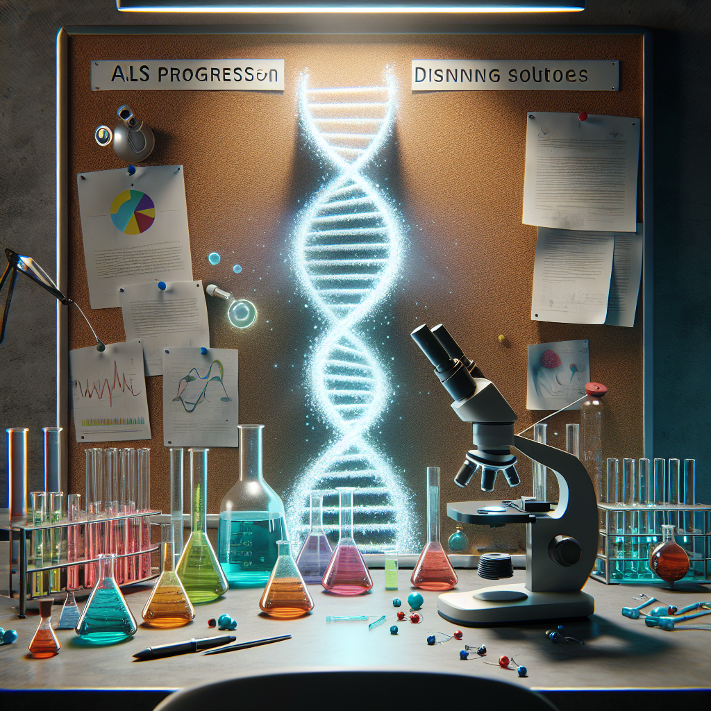 Imagine a symbolic representation of the phrase 'ALS Progression Breakthrough: Discover Stunning Solutions'. There is a glowing, diagonally positioned, double helix DNA strand in the center to represent the genetic aspect of ALS. It's surrounded by various pieces of medical equipment like microscopes, beakers full of colorful liquids, test tubes, and scientific documents scattered around. The scene signifies a well-equipped laboratory which is bathed in natural light coming from a window on the side, creating soft shadows. Pinned on the research corkboard are the words 'ALS Progression Breakthrough: Discover Stunning Solutions'.
