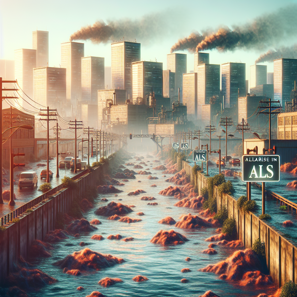 Depict an urban setting showcasing the effects of water pollution using soft shadows and natural lighting. The image should include a river running through the city filled with pollutants as a metaphorical representation of health issues, specifically ALS. Signposts or billboards should be present highlighting the alarming rise in ALS cases. The buildings should reflect the city's industrial nature, contributing to the pollution, and the atmosphere should be one of concern and alert.