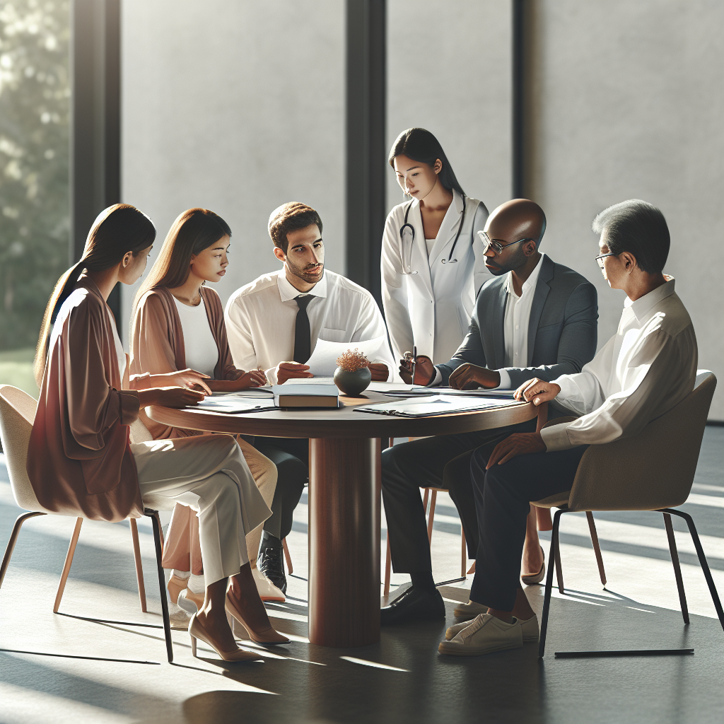 Create a high-quality, photorealistic image illustrating the concept of end-of-life planning specifically tailored for individuals affected by ALS (Amyotrophic lateral sclerosis). Showcase a serene setting with a diverse group of individuals sitting around a table. These individuals could represent a multiethnic group including a Caucasian female financial advisor, a Black male healthcare provider, a South Asian female legal expert, and a Middle Eastern male patient. They are discussing paperwork which could include legal documents, financial plans, and medical materials. Use natural lighting and soft shadows to evoke a sense of calm and support.