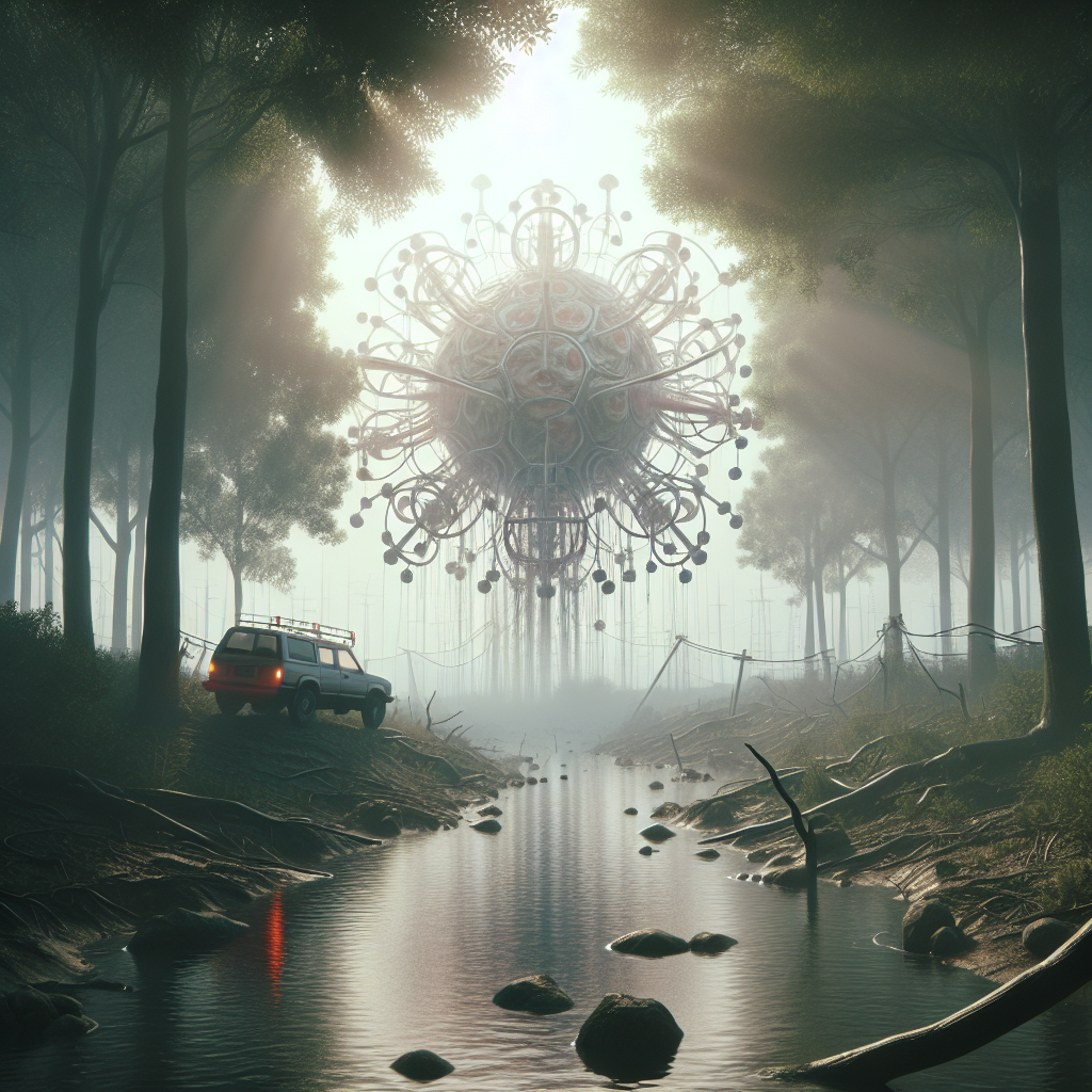 Create a photorealistic image that uses natural lighting and soft shadows to depict a metaphorical representation of a neurotoxic agents water crisis, which has led to a shocking outbreak of Hepatitis. The scene should convey the gravity of the situation but not depict any individual sufferers or specific geographic locations.