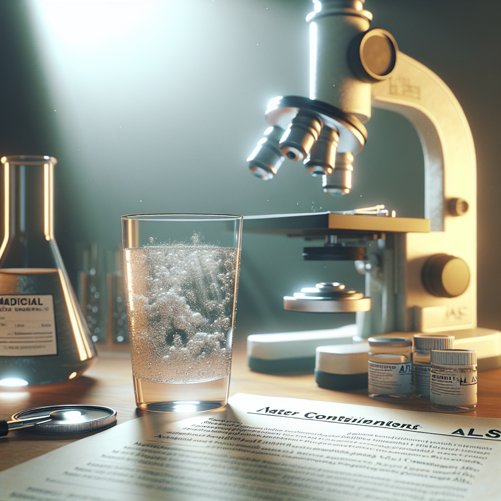 Create a photorealistic image visualizing the concept of water contamination, emphasizing its shocking impact on human health, specifically ALS (Amyotrophic lateral sclerosis) disease. The scene should portray a glass of turbid water with a microscope in the background showing a closer look at the contaminants. Incorporated are subtle elements like a medical report indicating ALS and a newspaper headline about water pollution. Use natural lighting and soft shadows to enhance the visual dramatization of the scene.