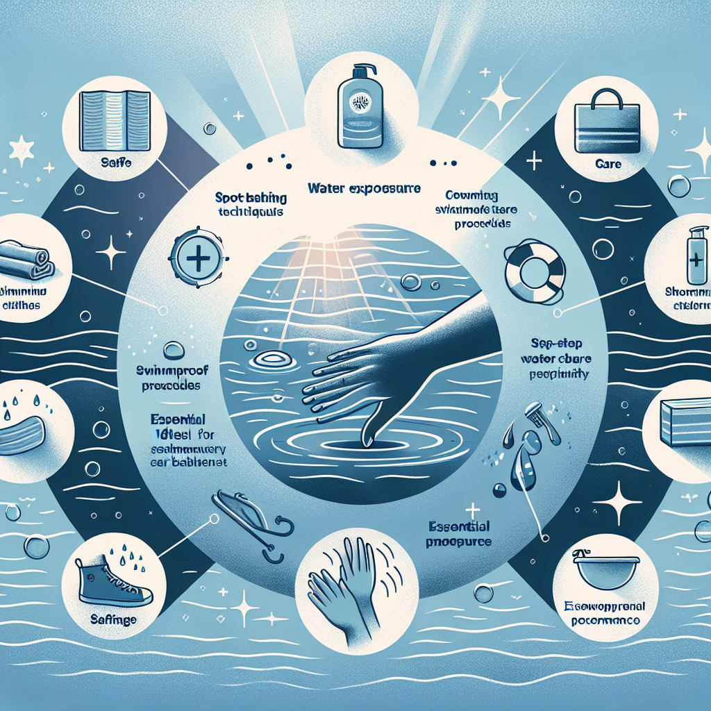 An illustrative informational image featuring the topic of 'ALS Chronic Water Exposure'. The image should include elements such as a calming blue-tone water background, a diagram of spot-bathing techniques, step-by-step care procedures relevant for swimming or bathing activities, and essential items for water exposure like waterproof gloves and non-slip mats. Emphasize empowerment and comfort in the design, using soft shadows and natural lighting. Also incorporate symbols of care, safety, strength, and resilience.