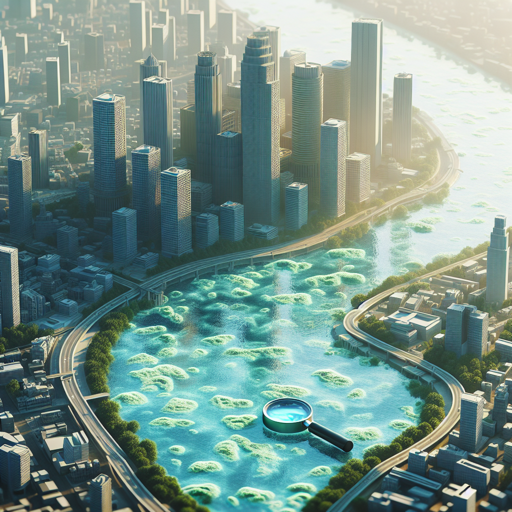 Illustrate a photorealistic image of an urban environment filled with skyscrapers. There's a river flowing through the city with a visible and increasing growth of blue-green algae, hinting at an unusual bloom. The city infrastructure seems to be more and more surrounded by this aquatic plant. To represent the potential danger it might pose for health in the context of ALS, add a symbol indicating a health risk associated with the algae, like a magnifying glass focusing on the bloom. Use natural lighting and soft shadows to create a calm but alerting atmosphere.