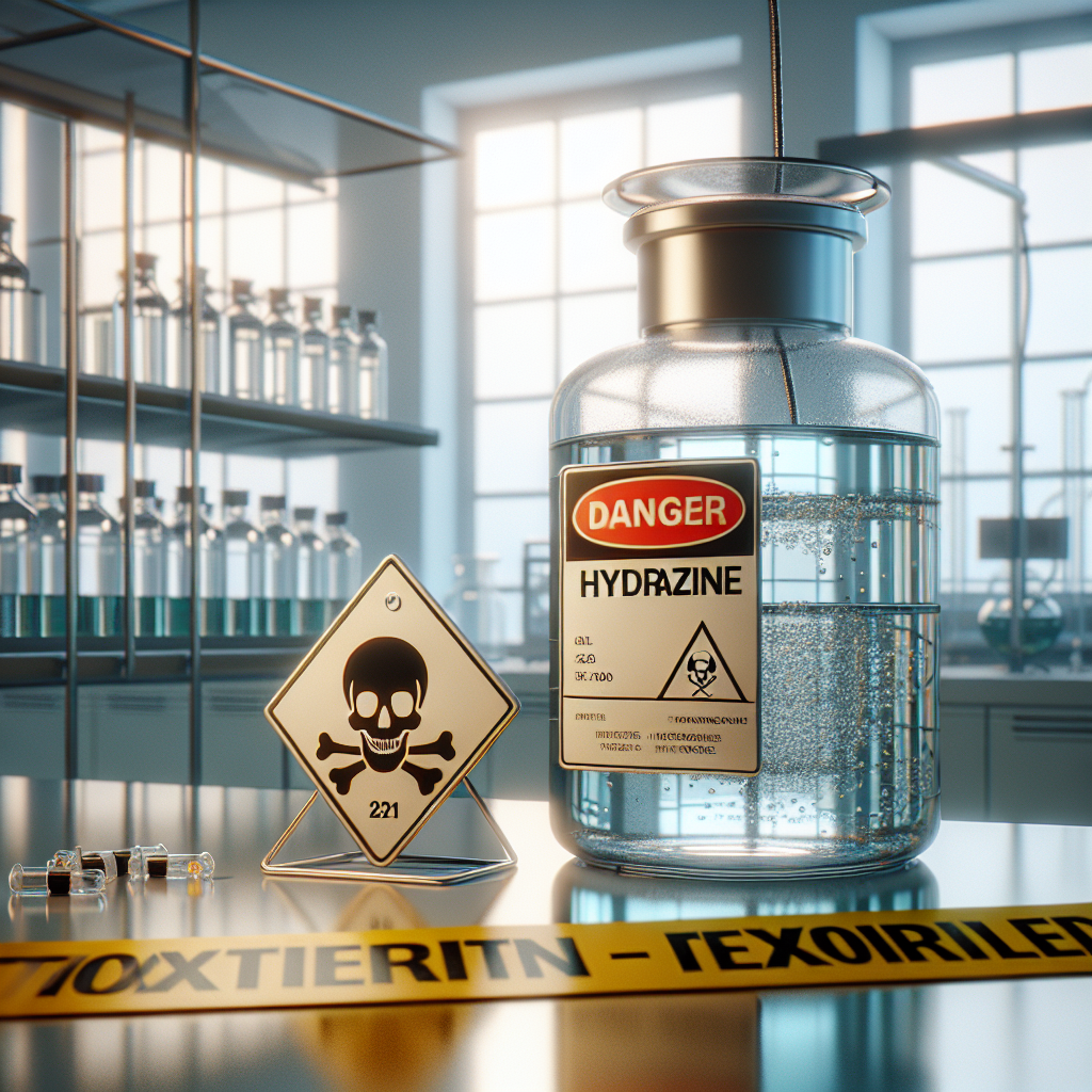A detailed depiction of the dangers of hydrazine toxicity. The image presents hydrazine as a colorless liquid in a secured glass container labeled 'Danger - Hydrazine', positioned in a sterile lab environment. It is contrasted with a nearby pictorial sign showcasing the potential harm (skull and crossbones symbol), while a caution tape with 'toxicity threats revealed' written on it, is in the foreground. Natural light filters through nearby windows, casting soft shadows on the elements of the scene, evoking a sense of caution and danger.