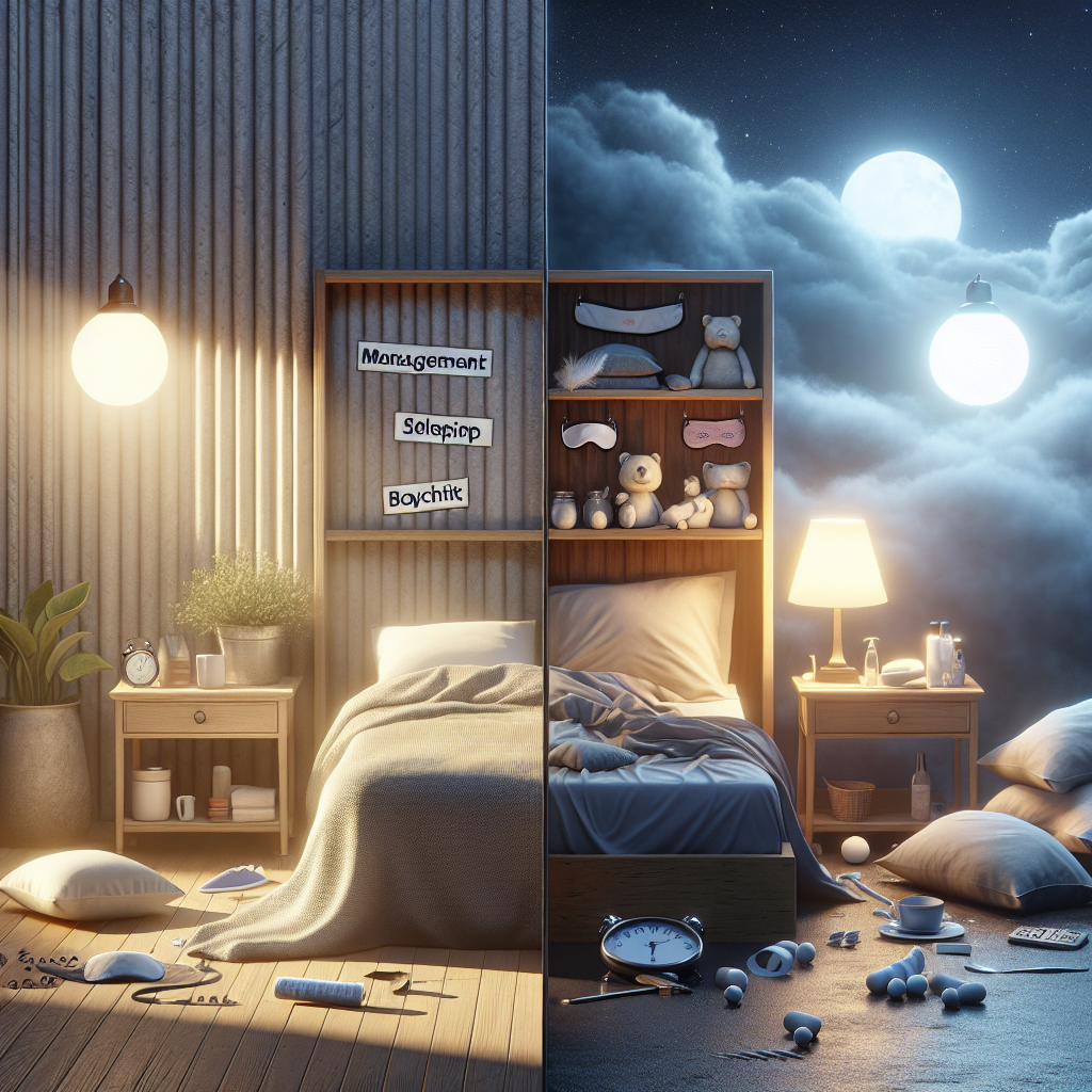 Create a photorealistic image depicting a metaphorical representation of the dilemma faced by people struggling with sleep issues due to ALS (Amyotrophic Lateral Sclerosis). Display one side of the scene with a representation of 'management', perhaps shown as a comfortable bed with various aids such as special pillows, sleeping masks, and calm night-light on a bedside table, with a backdrop of a soothing night sky. Contrast this with the other side of the scene showing 'boycott', depicted by a cluttered, unmade bed with discarded sleep aids, with a backdrop of a restless, stormy night. Utilize natural lighting and soft shadows in the scene.