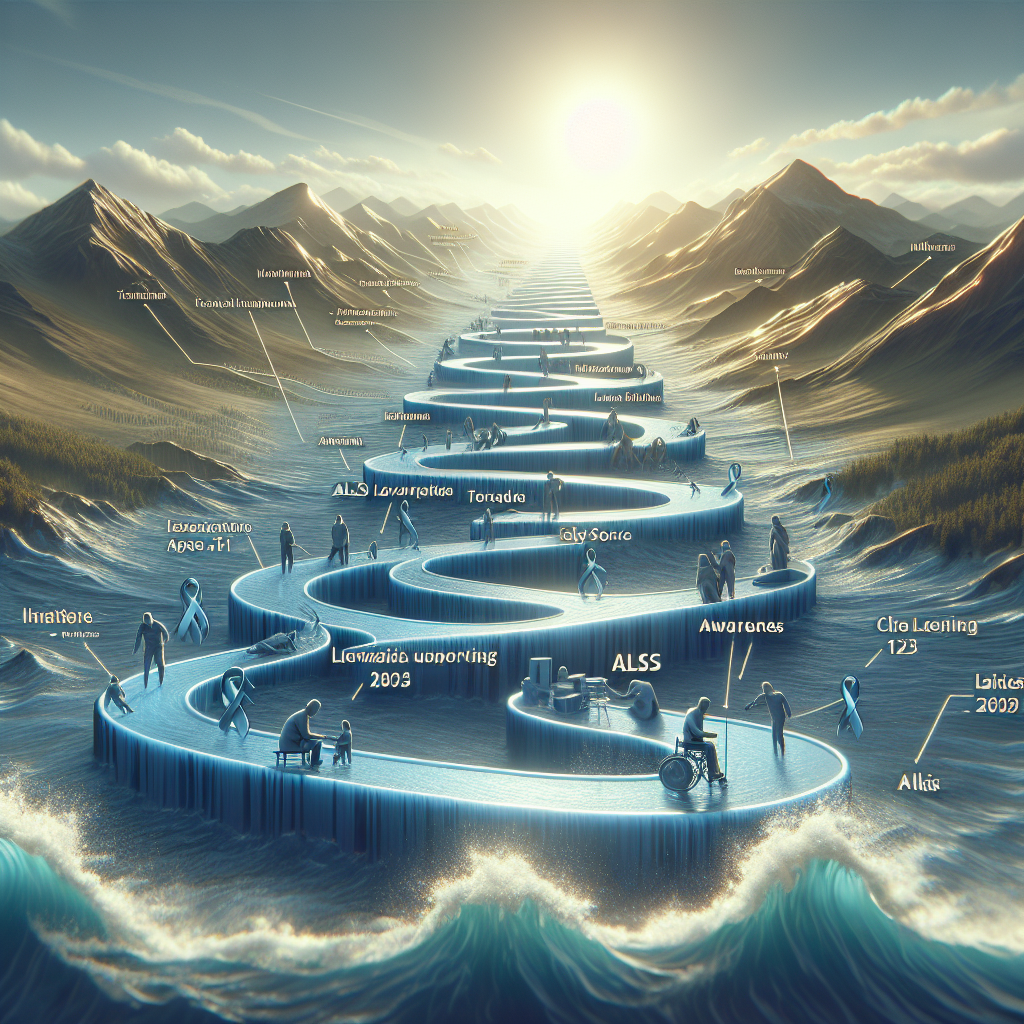 Produce a high-quality, photorealistic image that illustrates a timeline detailing key events supporting ALS research and awareness. Display this timeline in the format of water flowing from its source to the sea, representing the progress made over time. The timeline should date back to the inception of ALS support initiatives and pave its way to the future. The illustration should be beautifully lit with natural light and accompanied by soft shadows to emphasize the importance and the profound impact of such events. Do not include specific dates or personal details.