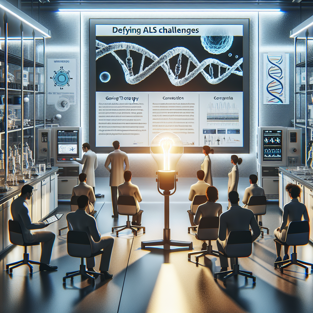 A cutting-edge medical facility with a lot of technological equipment displayed. In the middle of the room, there's a poster detailing the latest gene therapy breakthrough. The poster carries an illustration of a DNA strand and text that says 'Defying ALS Challenges'. There's a light bulb illuminating the poster, leading to a play of light and shadow in the room. Various medical professionals of different genders and descents, such as Caucasians, Hispanics, and Middle-Easterners, are studying the poster, suggesting a dynamic and revealing scene of scientific breakthrough.