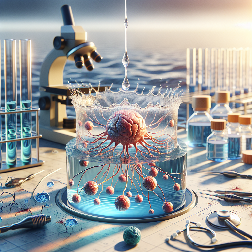 Create a photorealistic image with natural lighting and soft shadows that portrays a captivating scientific discovery related to ALS (Amyotrophic Lateral Sclerosis). The central focus of the image should be on the impact of proximity to water. The composition might include a water body, research tools and equipment, or symbolic representations of neuronal cells, but should effectively communicate the importance of the findings for the understanding of ALS.