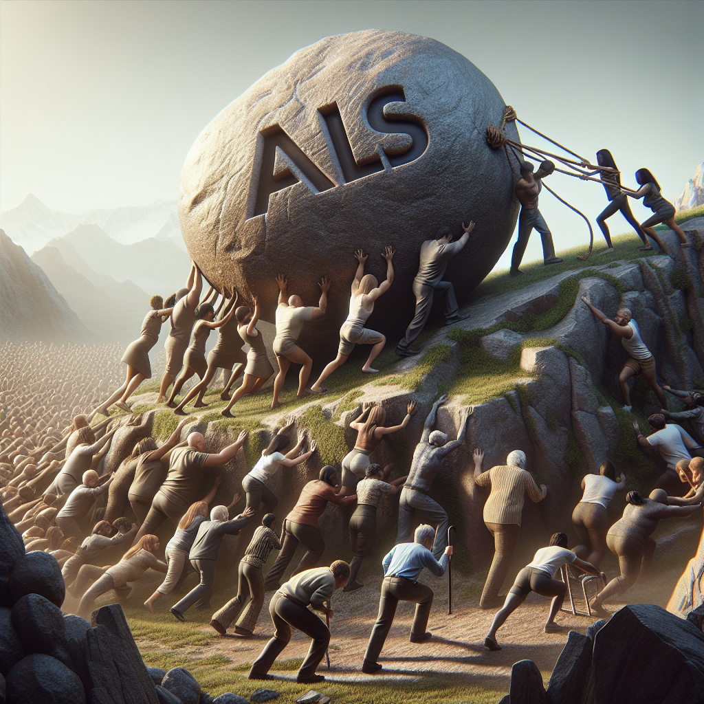 An image conveying the theme of overcoming devastating challenges, representing ALS (Amyotrophic lateral sclerosis) combat, depicted metaphorically. Visualize a scene of a diverse group of people, different in gender and descent such as Caucasian, Asian, Black, and Hispanic, determinedly pushing a giant stone uphill. The stone subtly embossed with the ALS acronym. The scene is under natural lighting casting soft shadows, creating a sense of struggle yet resilience. It exudes an air of unity and strength in the face of adversity. The image is of high quality and photorealistic.