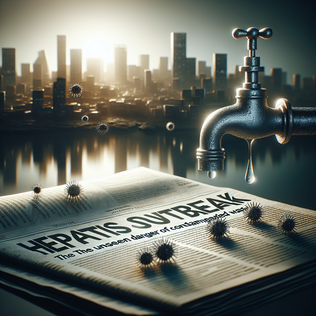 An intense, dramatic scene showing a close-up of a water tap with droplets falling from it, symbolizing water contamination. There is also a backdrop of a city skyline, emphasizing the scale of the potential outbreak. In the foreground, a newspaper with a bold headline 'Hepatitis Outbreak: The Unseen Danger of Contaminated Water' is spread out. The overall scene uses natural light, giving it a sharp, realistic feel, and soft shadows that enhance the dramatic detailing.