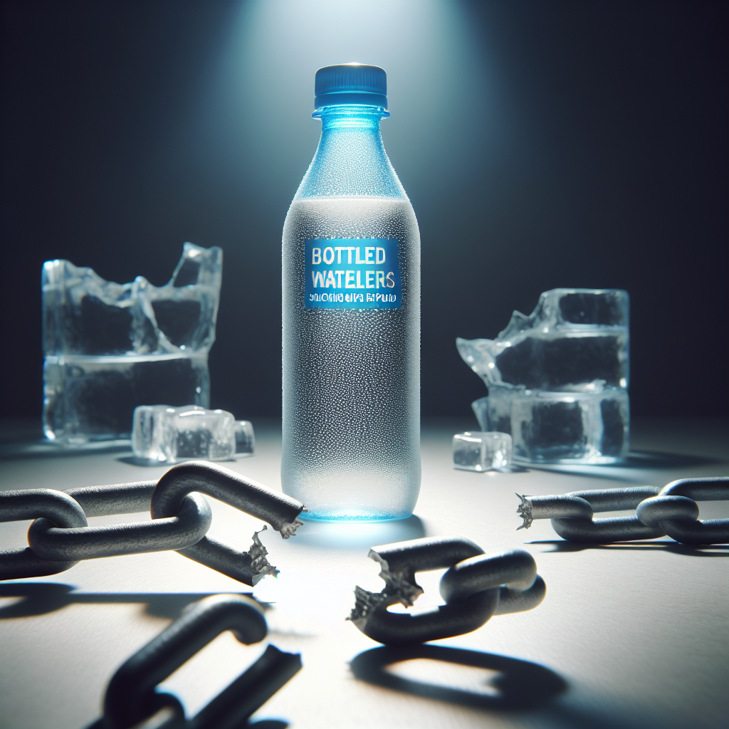 Create an impactful image demonstrating the concept of 'Bottled Water Regulations: Shocking Gaps Exposed'. There should be a crisp, clear photograph of a bottle of water in the foreground, with a broken, unaligned chain link in the background, symbolizing regulatory gaps. Use natural lighting to cast soft shadows and highlight the details. The overall mood of the image should be serious to underline the important issue. The title 'Bottled Water Regulations: Shocking Gaps Exposed' should be boldly scribed at the top of the image using an easily readable but dramatic font.