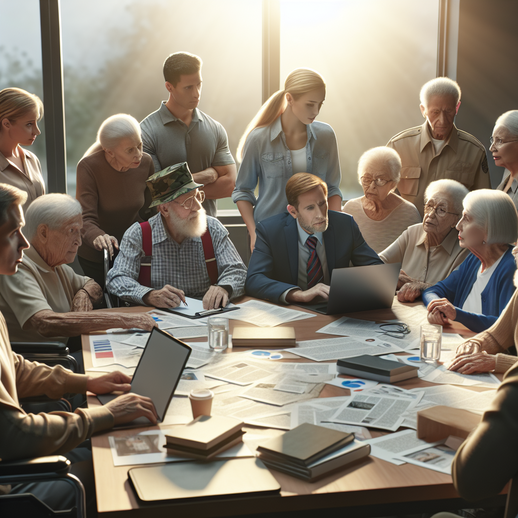 Create a photorealistic image depicting a scene with diverse group of older veteran individuals, some possibly using assistive devices due to ALS. The group is gathered around a table filled with prominent documents and resources, looking to unravel the myths surrounding the risks of a recent water crisis. Use natural lighting to give a sense of realism and apply soft shadows to establish the ambience. None of the faces should convey shock but rather determination and resilience.