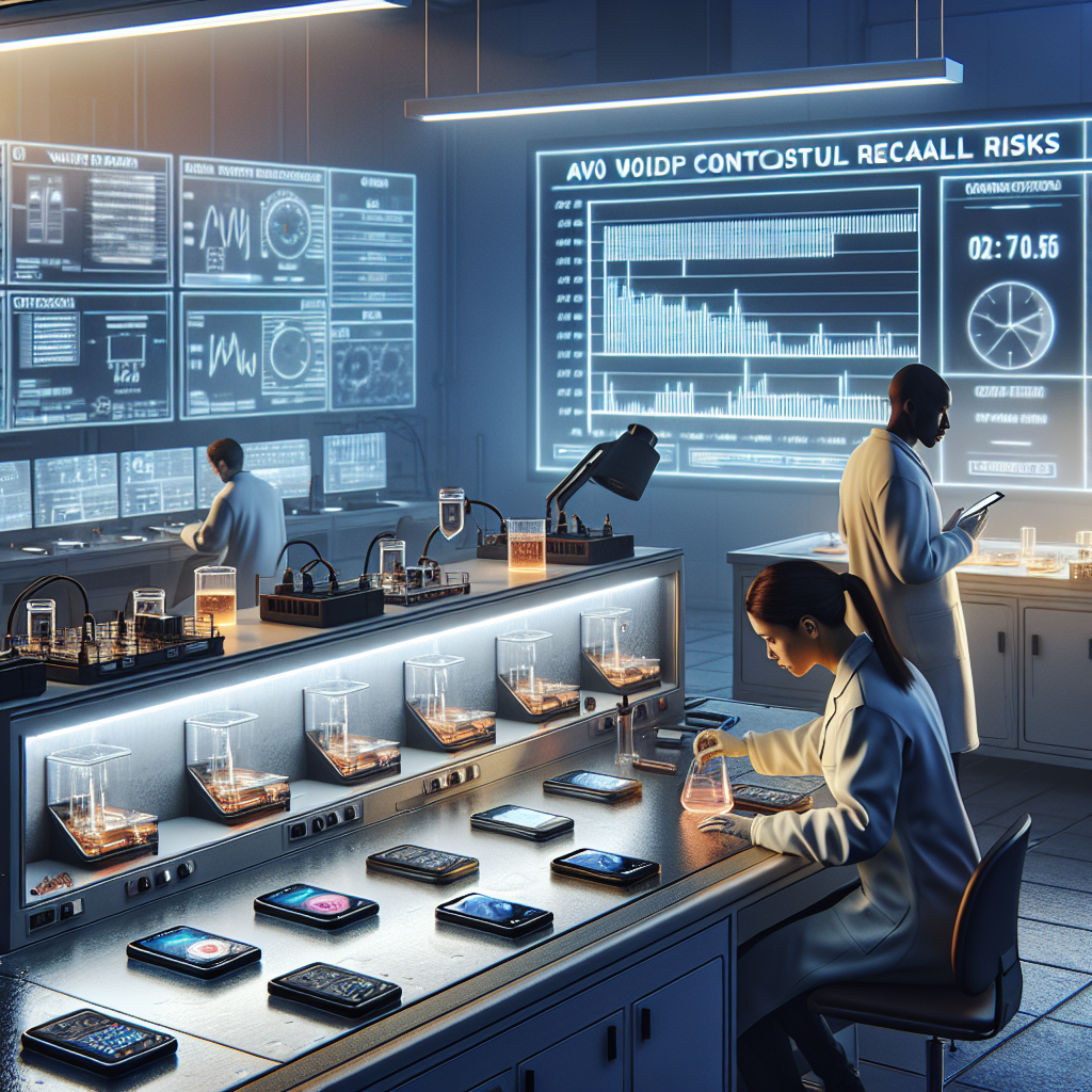Visualize a detailed scene that represents the concept of 'Water Proximity Studies: Avoid Costly Recall Risks'. A scientific laboratory setting, showcasing several researchers diligently working at their stations. One of the stations features a Caucasian female scientist meticulously analyzing a collection of electronic devices placed next to a controlled water source to measure possible damage. A large monitor nearby displays a real-time data graph charting the effects of water proximity. Across the room, a Black male lab technician is comparing similar devices that have undergone the same evaluation. In the background, a glowing whiteboard outlines the steps taken so far, and the experiment plan to avoid recall risks. The overall tone of the image should be professional while focusing on the comprehensive process of these important studies, using natural lighting and casting soft shadows for a realistic effect.