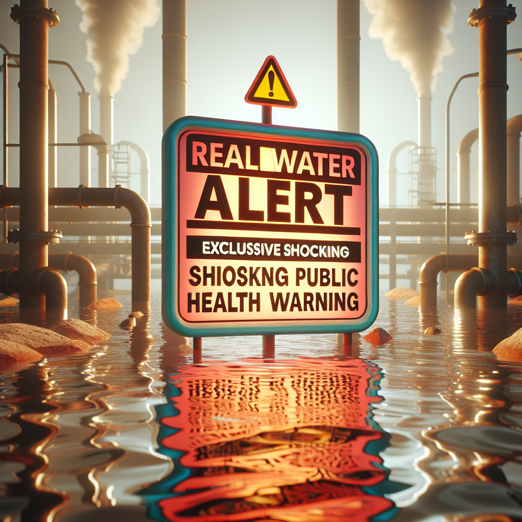 An image symbolizing a public health warning regarding the quality of water. The scene features a large alert sign in a warm, natural light casting soft shadows. The sign reads, 'Real Water Alert: Exclusive Shocking Public Health Warning', is brightly colored and placed in the middle of the image for emphasis. Surrounding the sign, representing the gravity of the situation, is an industrial landscape with pipes and cloudy water, all with a weary, polluted look. High-quality and photorealistic details are a must for conveying the urgency and seriousness of the scenario.