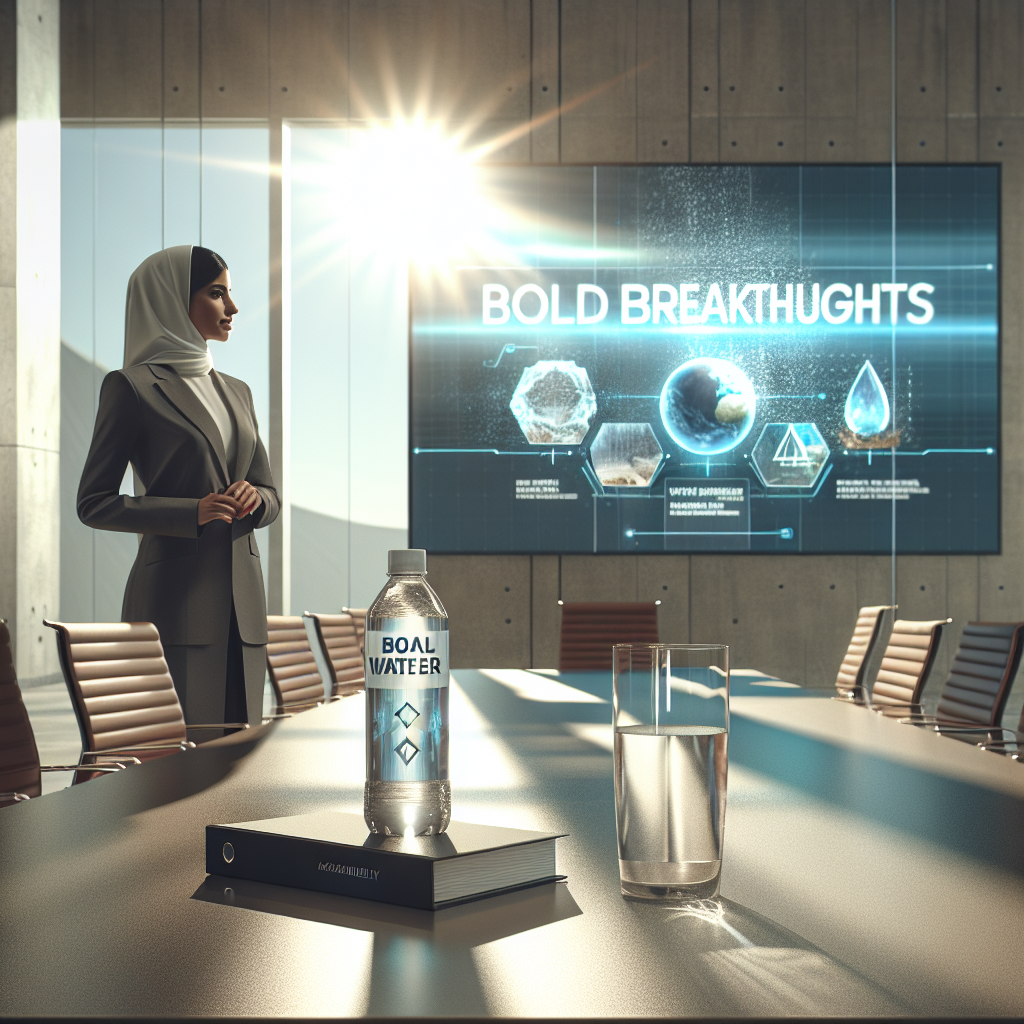 Produce a high-quality, photorealistic image. Setting: A modern, minimalist conference room bathed in natural light with soft shadows playing across surfaces. Scene: A confident, Middle-Eastern female CEO of a water company unveiling new breakthroughs. She stands in front of a holographic display showing revolutionary water preservation technologies. The placard next to her reads: 'Bold Breakthroughs Unveiled'. Visible on the table, a water bottle with the company's logo sitting next to a folder labelled 'Real Water CEO Accountability'. The atmosphere of the room is serious, but the woman's facial expression is resolute and hopeful.