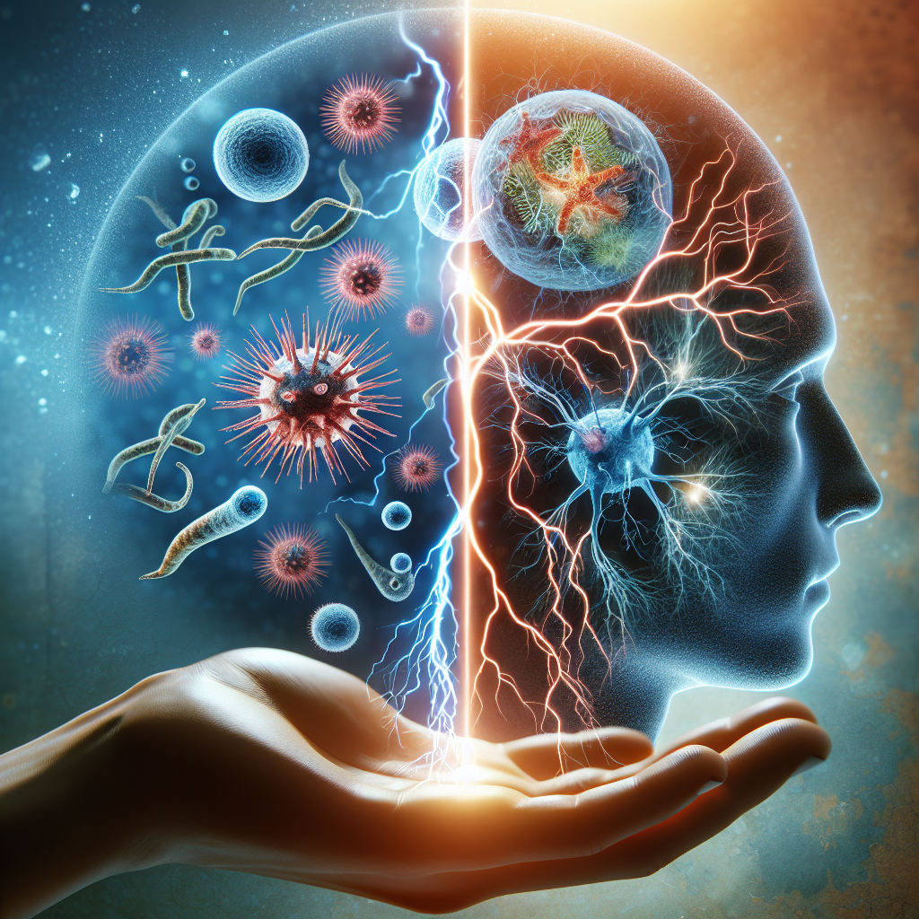 Produce a striking, vivid image that illustrates the potential risk association between Amyotrophic lateral sclerosis (ALS) and Raw Water. The image setting should be under natural light with soft shadows. This setting might show a split scenario - on one side, a magnified virus or bacterium often seen in raw water, and on the other, a visual representation of the nervous system affected by ALS. The connection between the two elements can be symbolized by a lightning bolt or a link chain. Make sure this image communicates the shocking revelations of the potential health risks.