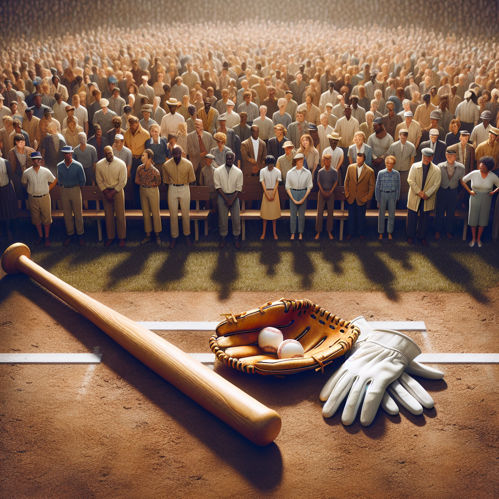 Visualize a symbolic picture that represents the unforgettable impact and legacy of Amyotrophic Lateral Sclerosis, also known as Lou Gehrig's Disease. The scene should primarily display a pair of white gloves and a baseball bat, laid out on a field under natural lighting with soft shadows, signifying the sport Gehrig loved. Also there should be a stand with numerous crowds of diverse people, both men and women of different descents such as Caucasian, Hispanic, Black, Middle-Eastern, and South Asian. They are united in their commemoration, highlighting the universal effect the disease has.