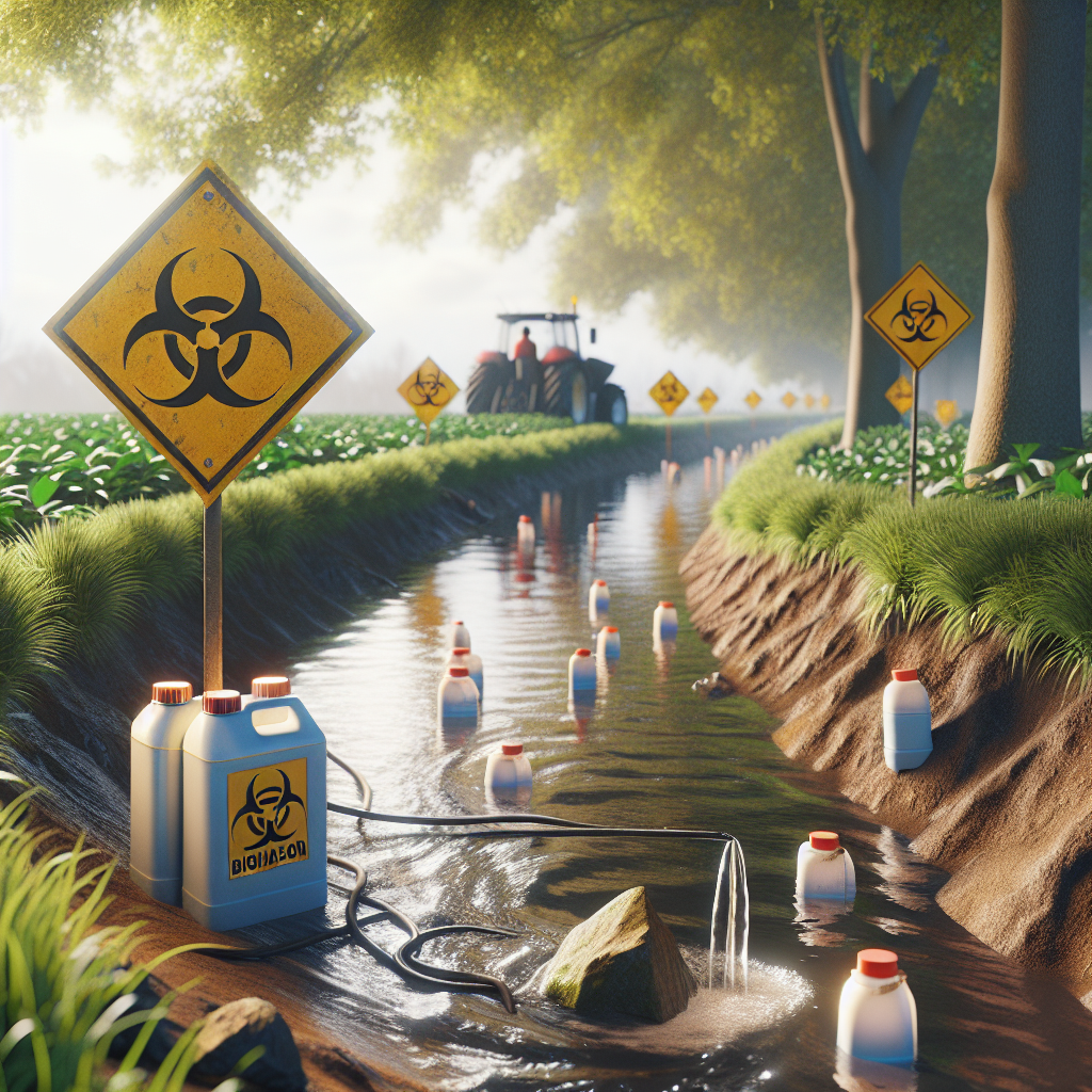 Create a high-quality, photorealistic image representing the idea of pesticide runoff, shown through biohazard signs by a rural farm stream or ditch. Nearby, toxic chemicals are flowing towards the water. In the background, include subtly placed health risk symbols that represent ALS (Amyotrophic lateral sclerosis). The scene should have natural lighting with soft shadows to show the profound impact of this environmental concern.