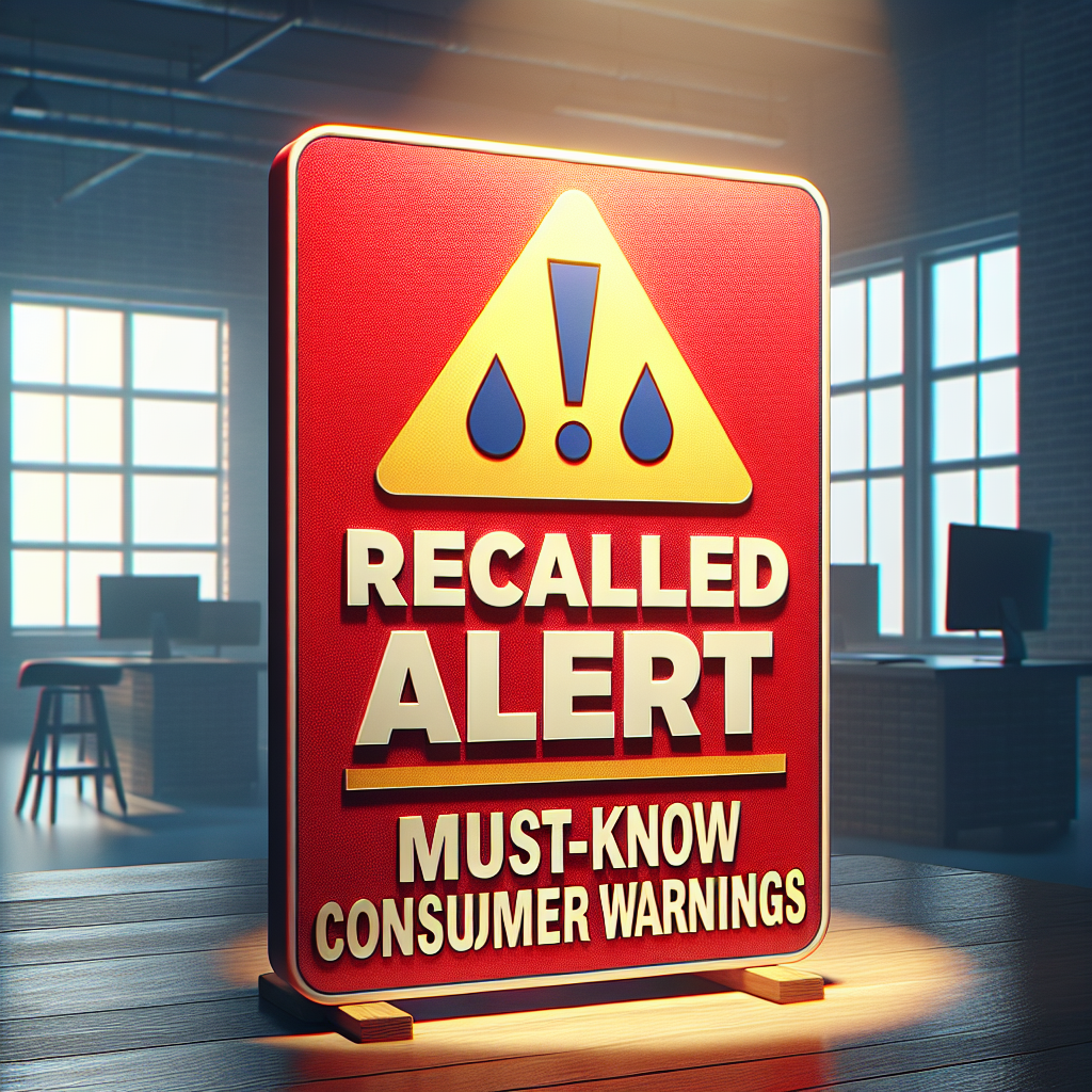 Generate a photorealistic image of an alert sign with text, 'Recalled Water Alert: Must-Know Consumer Warnings'. The sign should be designed with urgency in mind, employing bold, visible letters possibly on a bright red background for high contrast. The surrounding is bathed in natural lighting, casting soft shadows. Include relevant symbols such as a water droplet and an exclamation mark as part of the design to emphasize the importance of the message.
