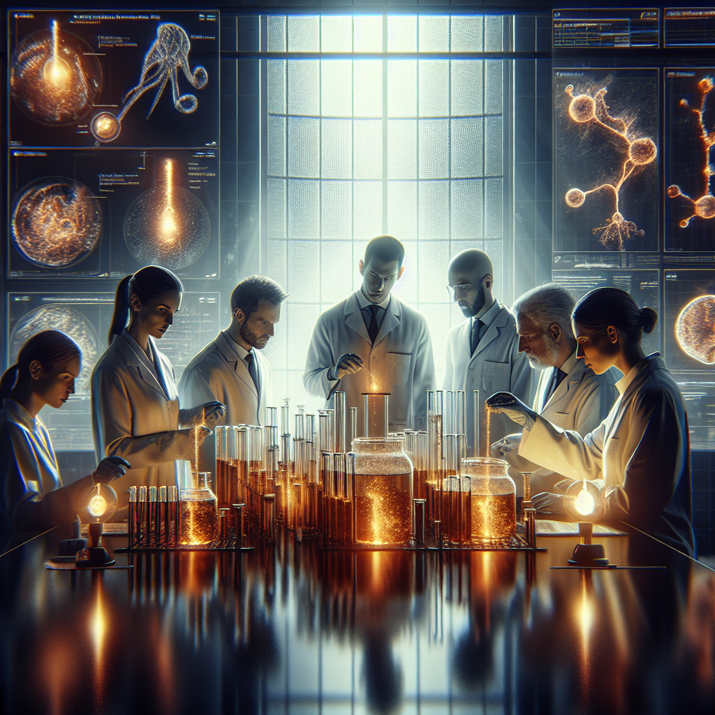 Create a sophisticated photorealistic image that depicts the theme of 'Contaminated Water'. Display a striking illuminated laboratory with scientists in the composition. Show a diverse group of scientists, both male and female of different descents such as Caucasian, Hispanic and Middle-Eastern, in deep discussion, analyzing test-results which hint at a connection with ALS (Amyotrophic Lateral Sclerosis). Emphasize the dark murky water samples glowing ominously under soft, natural light. Use soft shadows and dramatic tones to create intensity and focus on the water samples. To suggest the 'triggers' of ALS, illustrate a complex yet clear diagram on a digital screen in the background, linking the water elements to the neurological disorder.