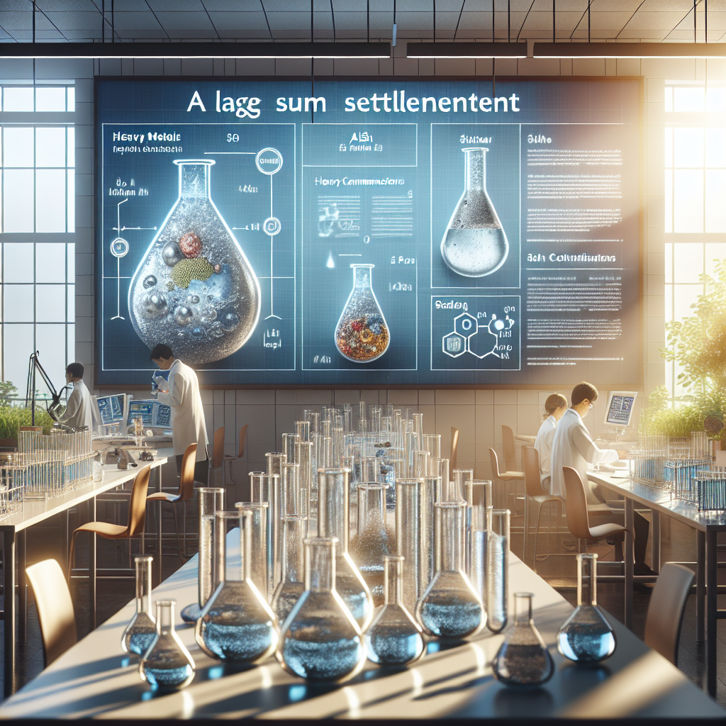 Create a photorealistic image of a conceptual representation of a large sum settlement related to ALS research. The image is to be set against the backdrop of the theme 'Heavy Metals Water'. Display a science lab with researchers working, beakers filled with water indicating different contaminants, and infographics showing the impact of heavy metals on health. Use natural lighting and soft shadows in the image.