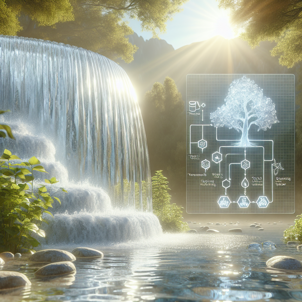 Generate a high-quality, photorealistic image. The scene should include a serene natural environment with soft natural lighting and gentle shadows. The focal point is a transparent, crystalline waterfall cascading into a sparkling pool. This flowing water embodies the visual representation of the phrase 'Real Water Alkaline'. Beside this, place a diagram symbolizing the solution to toxic issues. This could be a flowchart or infographic showing the process of transforming toxic water into pure, alkaline water.