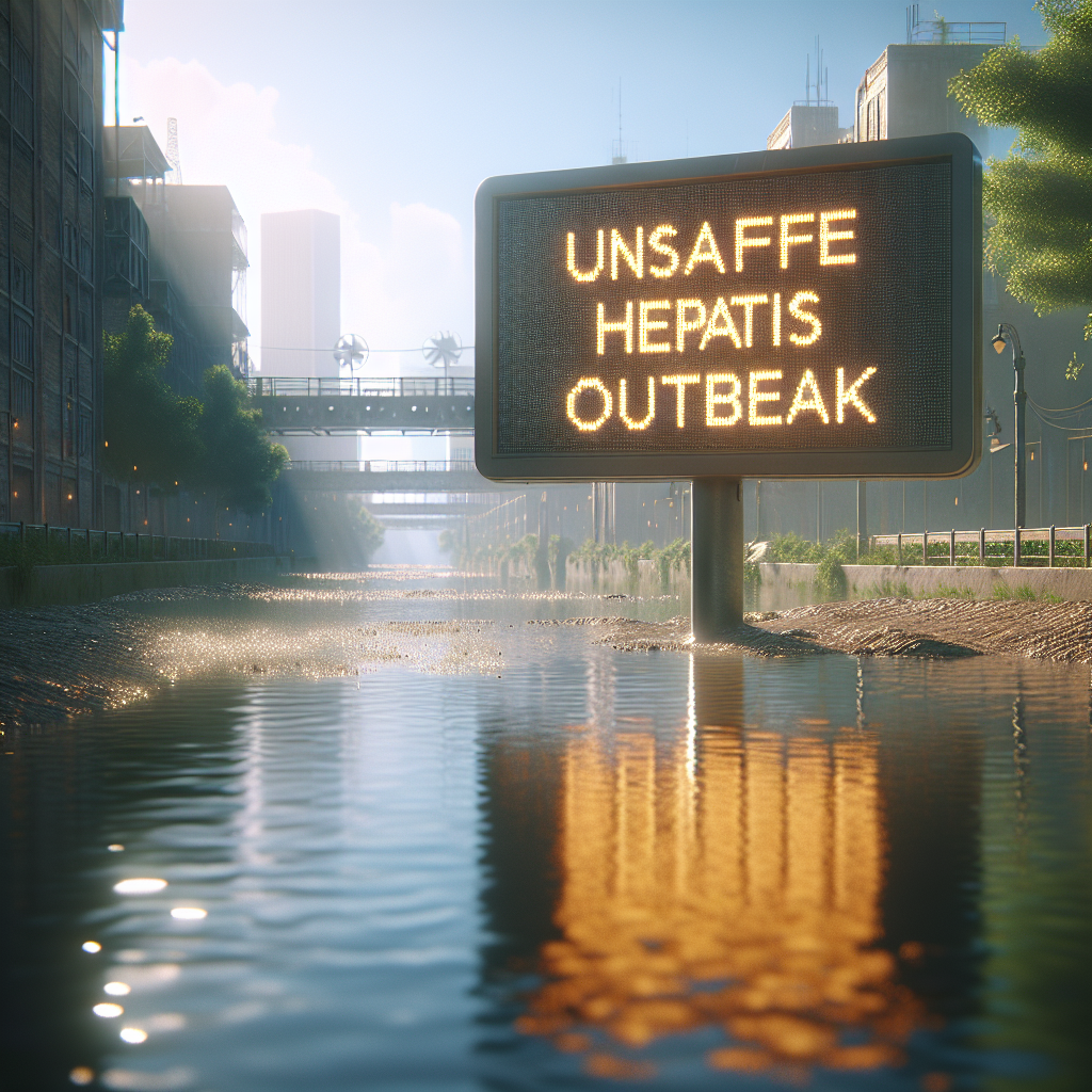 Create a photorealistic image portraying a vivid scene of a public health warning about a hepatitis outbreak. This scene is set outdoors with natural lighting casting soft shadows. In the foreground, there's a shimmering body of water with a prominent sign nearby. The sign has a clear message warning about the hepatitis outbreak, stating 'Unsafe water - Hepatitis Outbreak', with high emphasis on the 'Hepatitis Outbreak'. The background should be a semi-urban area, with buildings of various heights visible in the distance, suggesting the seriousness of the situation in a highly populated area.