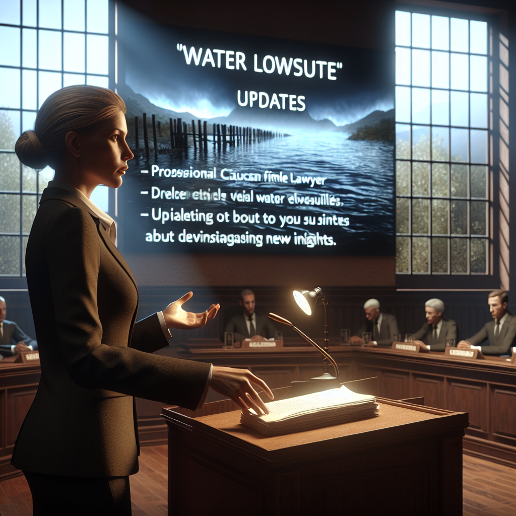 Create a high-quality, photorealistic image showcasing a dramatic scene of a courtroom with professional Caucasian female lawyer presenting 'Water Lawsuits' files. Use natural lighting and soft shadows to highlight a serious ambiance. The background shows 'Updates' projected on a screen, suggesting new insights about 'Real Water Lawsuits'. The lawyer's conviction and the attentiveness of the jury contribute to the tone of devastating new insights.