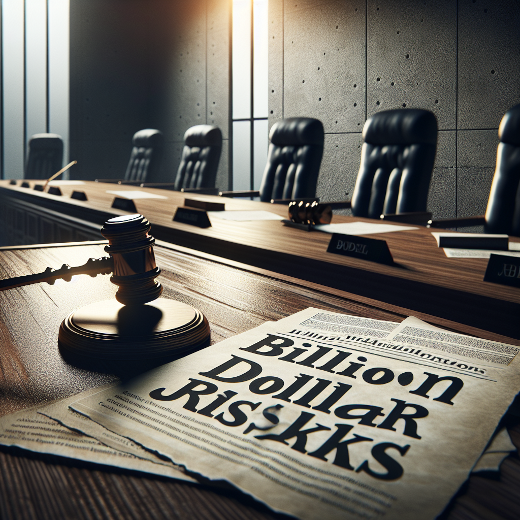 An image that shows a stark courtroom setting representing tensions and high-risk stakes. The scene contains a gavel on a desk, papers scattered about which include piercing titles like 'Billion Dollar Risks' and 'Water Judgments'. The room is illuminated with natural lighting and soft shadows, providing a dramatic and intense atmosphere. An empty chair signifies a pending decision that might shockingly impact the water industry financially.