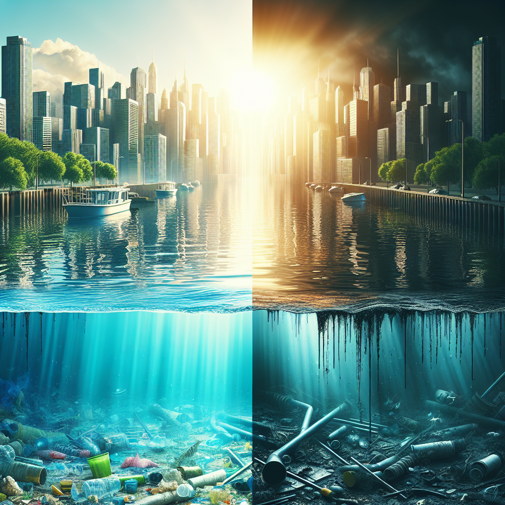 An intense depiction of urban water pollution under natural lighting with soft shadows. Show a vivid contrast between the earlier, more pristine conditions and the current, degraded state. On one side, the waterbody is glittering under the sun, reflecting the vibrant cityscape, while on the other side, the water is murky with visible litter and chemical spills from the urban landscape. The text 'Urban Water Pollution's Stunning Rise: A Shocking Downfall' is subtly incorporated into the scene.