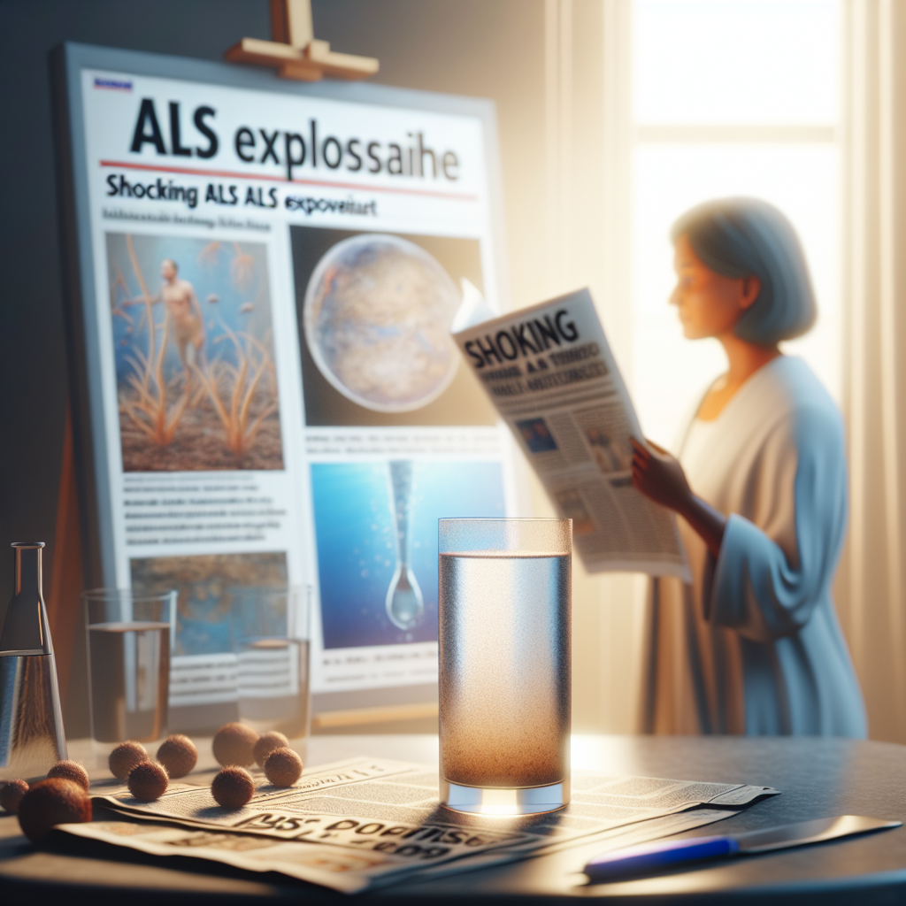 Generate a photorealistic image depicting the story of water contamination. Display a scene showing a glass of murky water under soft natural lighting, a scientifically informative poster about ALS in the background, and a newspaper headline that reads 'Shocking ALS Exposé'. Include a concerned person of South Asian descent, who stands nearby, reading the news.