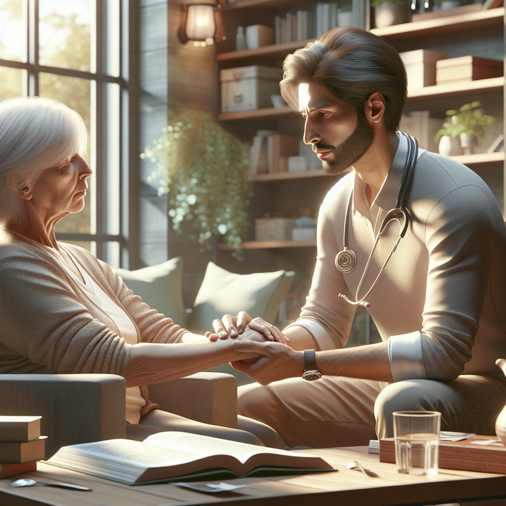 Generate a photorealistic image featuring a scene of ALS caregiving. The image should focus on essential caring activities which include a Middle-Eastern male caregiver providing support to a Caucasian female patient. Their interaction is effortless, compassionate, mutually understanding, and emphasizes a strong supportive bond. The environment is filled with natural light creating inviting ambience, and soft shadows cast by objects in the room. The background could include useful caregiving equipment, a well-organized space symbolizing preparedness, and perhaps an open book with title 'ALS Caregiving: Essential Tips for Effortless Support' suggesting continuous learning.