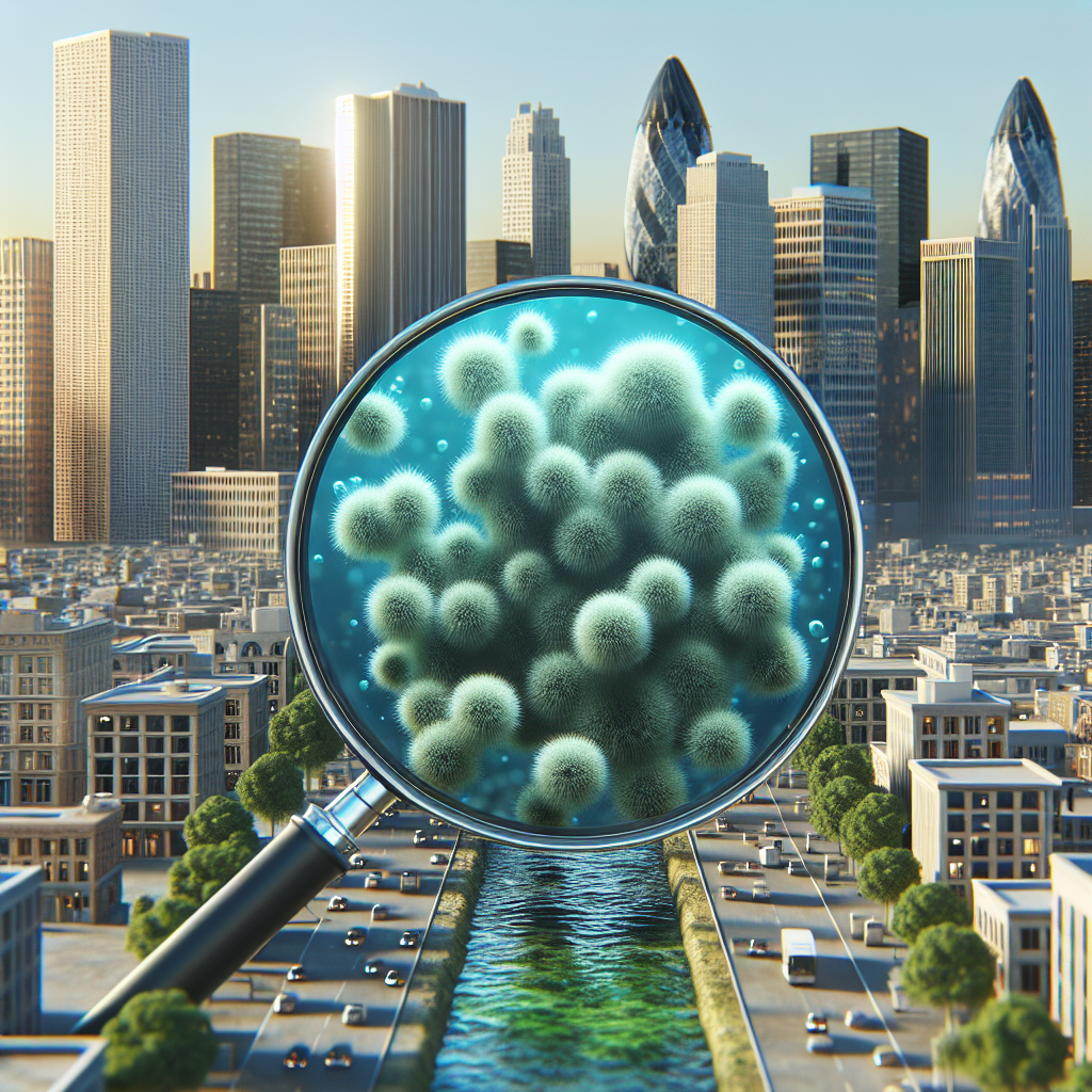Render a high-quality, photorealistic image highlighting the potential risk of ALS (Amyotrophic Lateral Sclerosis) associated with Blue-Green Algae in urban settings. Picture the cityscape in the background with skyscrapers and busy streets, while in the foreground, fashion a magnified, stylized image of the blue-green algae. All should be managed under natural lighting, complete with soft shadows to maintain realism. Please add a cautionary sign indicating the danger as a part of the image theme.