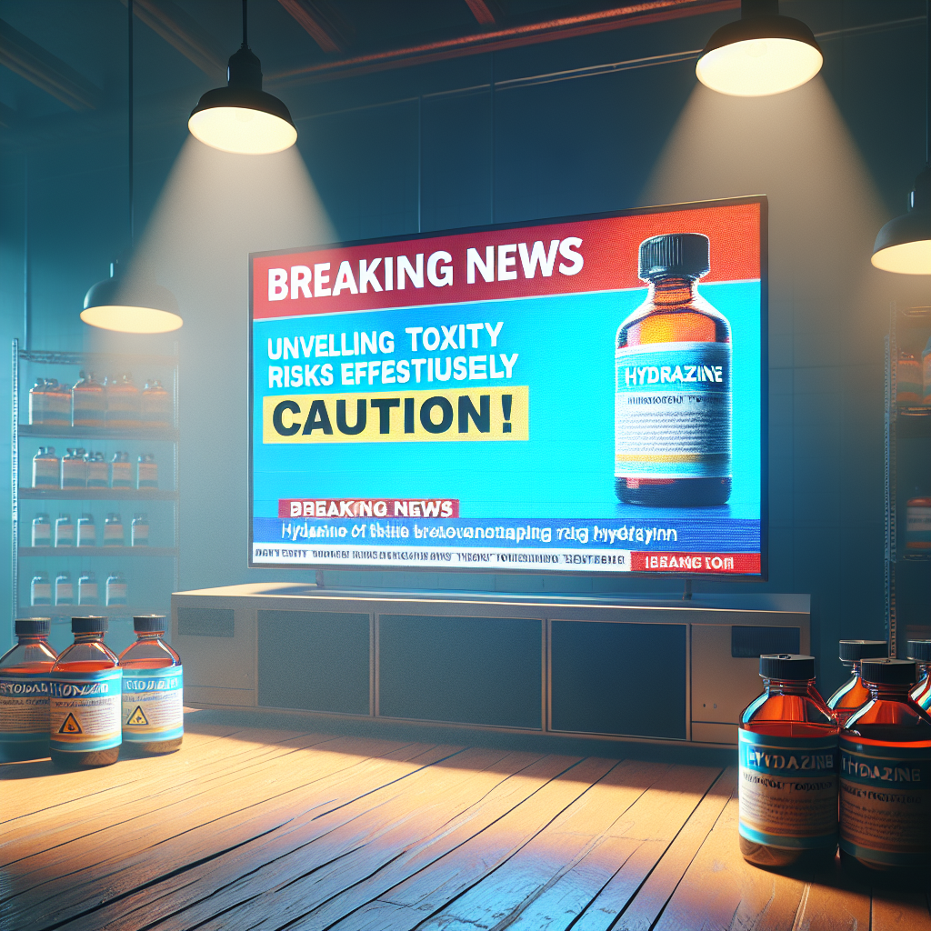 Create a photorealistic image representing the dangers of Hydrazine toxicity. The scene should depict a breaking news feature on a screen, with a headline that reads 'Unveiling Toxicity Risks Effortlessly'. The background of the screen should display a bottle of Hydrazine with caution symbols. The visual should be well-lit with natural lighting and possess soft shadows for a realistic touch. The setting should evoke a sense of awareness and urgency about the potential risks associated with Hydrazine.