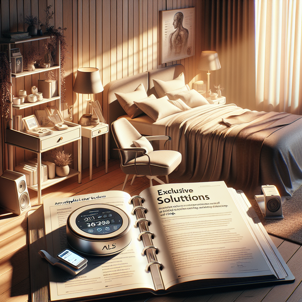 A high-quality, photorealistic image portraying the concept of solutions to ALS (Amyotrophic lateral sclerosis) related sleep issues. The setting is gently lit by natural lighting and intricate soft shadows play around the scene - adding depth and a warm feel. The main emphasis is on a range of helpful tools designed to aid sleep - such as a comfortable adjustable bed, a nightstand with a sleep-tracking wearable device, and a set of soothing sound speakers. Informational content on ALS is presented on a visible open book, revealing insights into exclusive management solutions for better sleep.