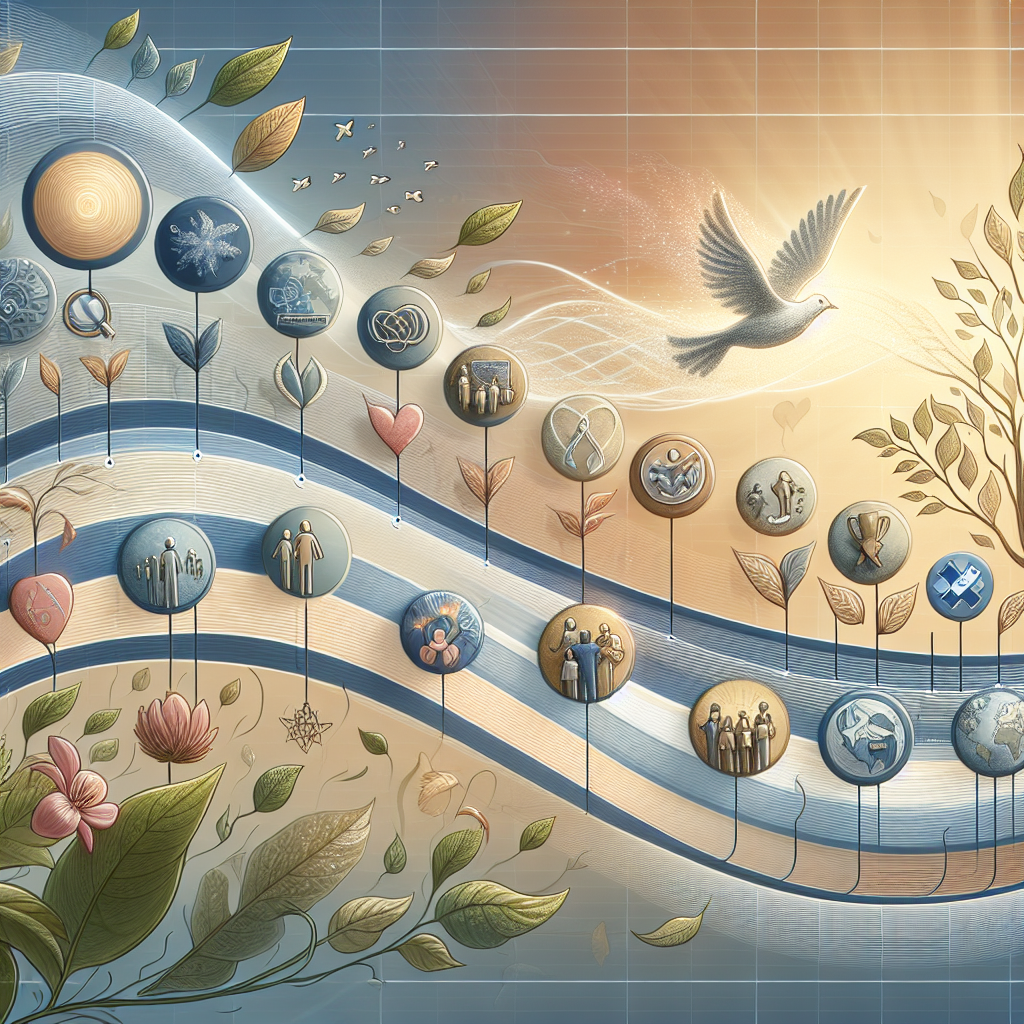 Create a detailed image representing a timeline of exclusive events for ALS support. Depict a clear sequence of related symbols or metaphors along a gently curved linear path to symbolize the progression of events. Use nature-related elements such as leaves and waves to symbolize growth and change. Show how the global community comes together to support this cause. The timeline starts with a symbol of hope such as a sunrise. Along the timeline, include symbols of various events like small gatherings, charity runs, concerts, and medical advances. The timeline ends with an image of a dove. Depict natural light and soft shadows for a realistic effect.
