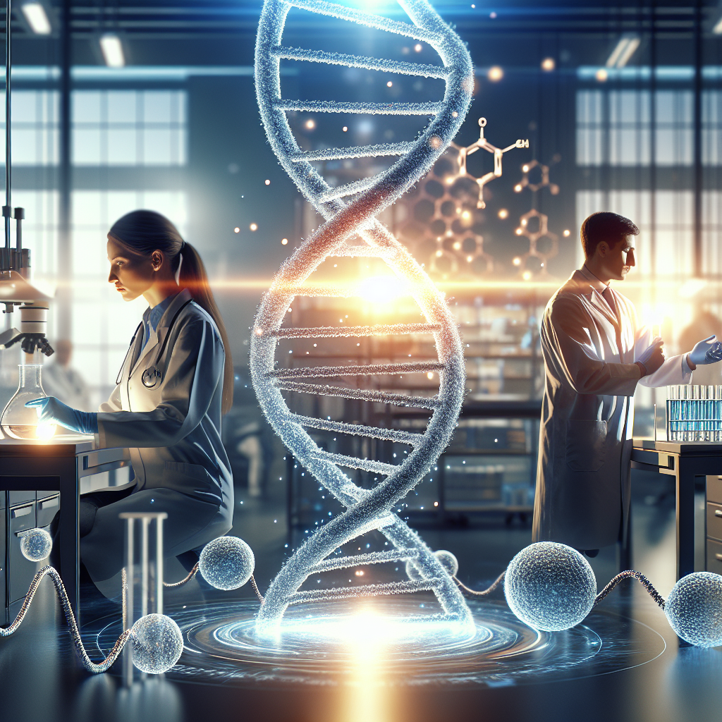 A conceptualized scene portraying the advancements in gene therapy for the treatment of ALS (Amyotrophic Lateral Sclerosis). The image features two scientists from diverse backgrounds, a Caucasian woman and a Middle-Eastern man, under natural lighting in a laboratory filled with medical equipment. The centerpiece of the image would be a 3D double-helix structure signifying the human DNA, with light particles traveling towards it, representing therapy. Additionally, the scene is filled with soft shadows adding depth and detail to this medical breakthrough.